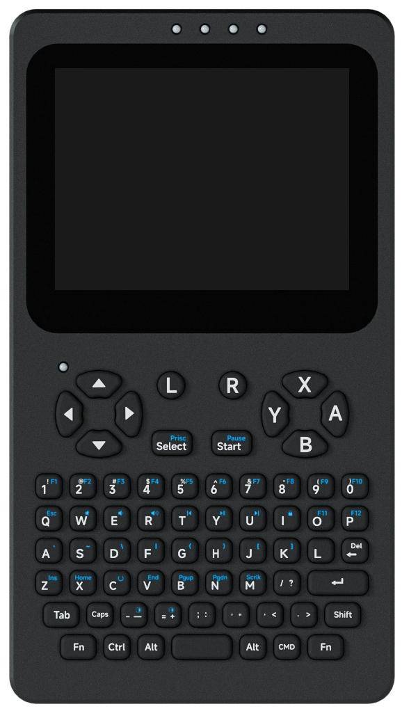 Tragbares Spielgerät mit leerem Bildschirm, Steuerkreuz, Aktionstasten, Start-/Auswahlschaltflächen und kompakter QWERTY-Tastatur.