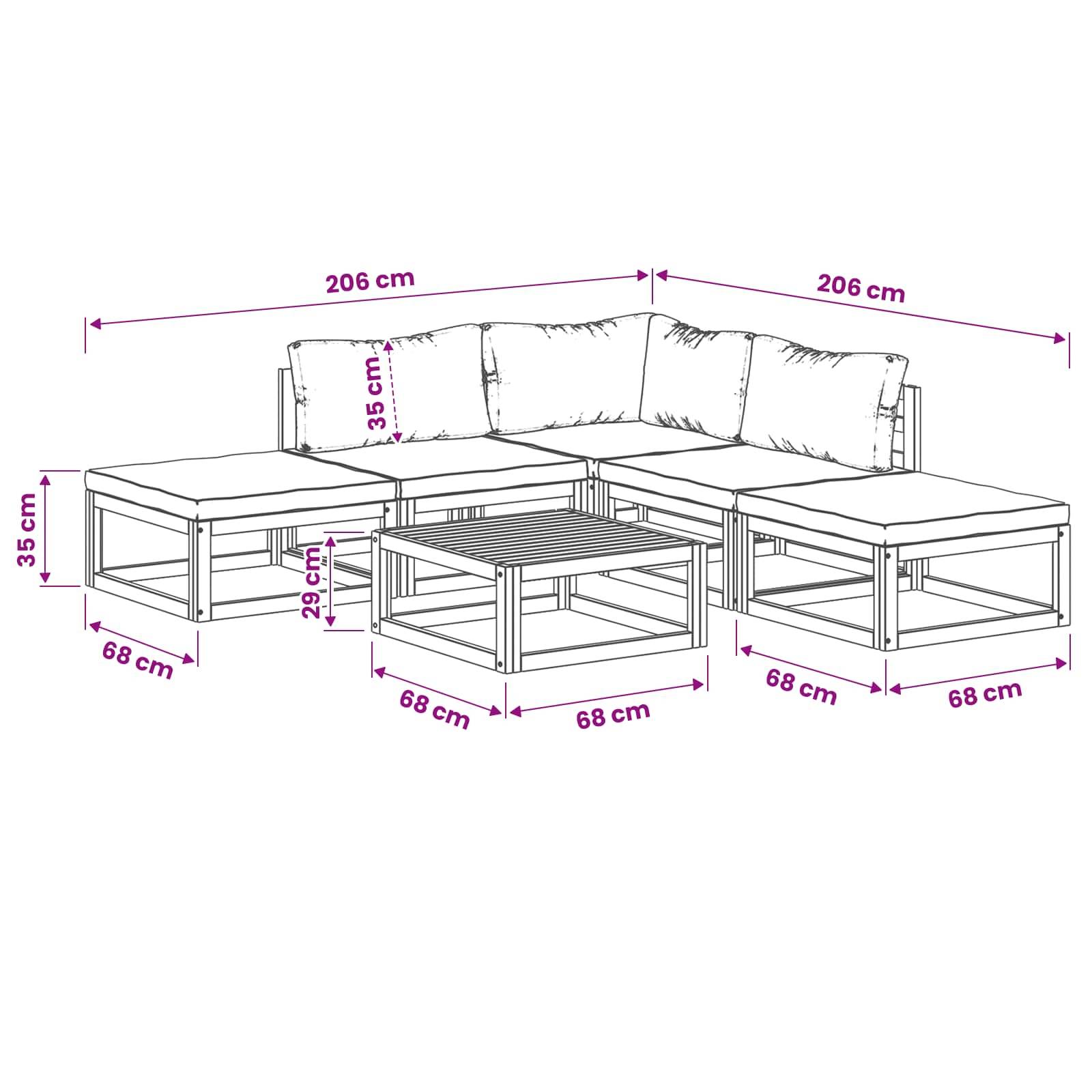 Diagramm eines L-förmigen Outdoor-Sitzmöbelsets mit Kissen und Couchtisch, mit Abmessungen: 206 cm Seitenlängen, 68 cm Sitz-/Tischabstand, 35 cm Rücken- und Seitenhöhe, 29 cm Tischhöhe.