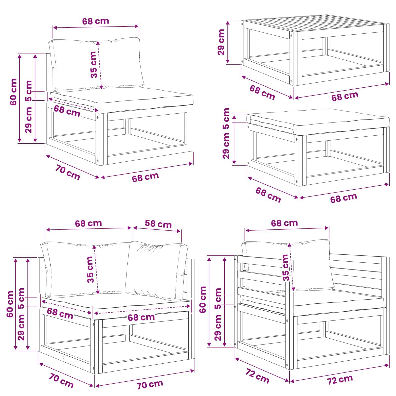 Diagramm mit modularen Gartenmöbelelementen mit Abmessungen: Einzelstuhl, Eckeinheit, Zweisitzer-Sofa und gerades Sofa, jeweils mit Beschriftung in cm.