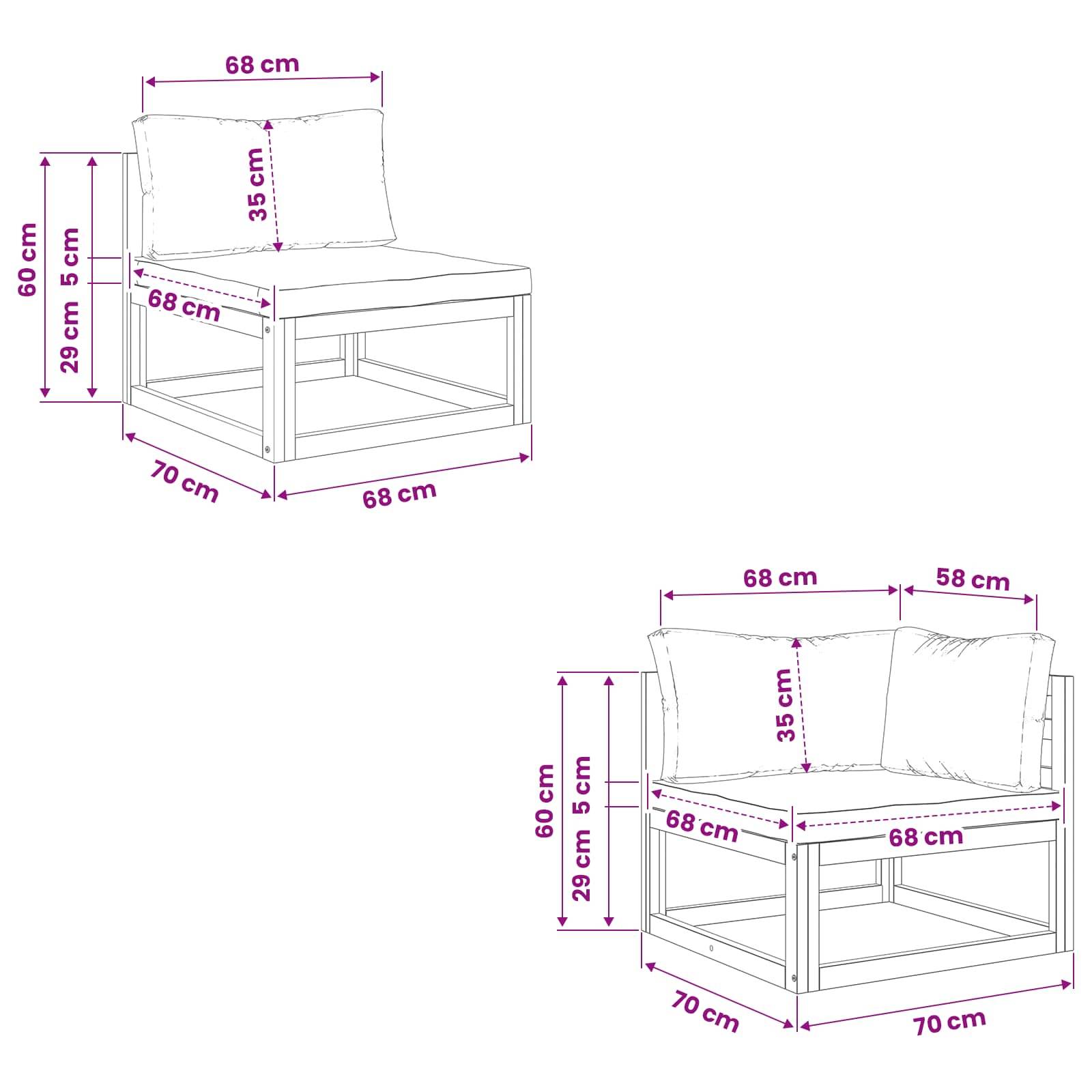 Zwei bemessete Terrassenstuhl-Diagramme: links mit einem Rückenkissen, 68 cm breit und 70 cm tief; rechts mit zwei Kissen, 68 cm und 58 cm breit, beide 60 cm hoch.