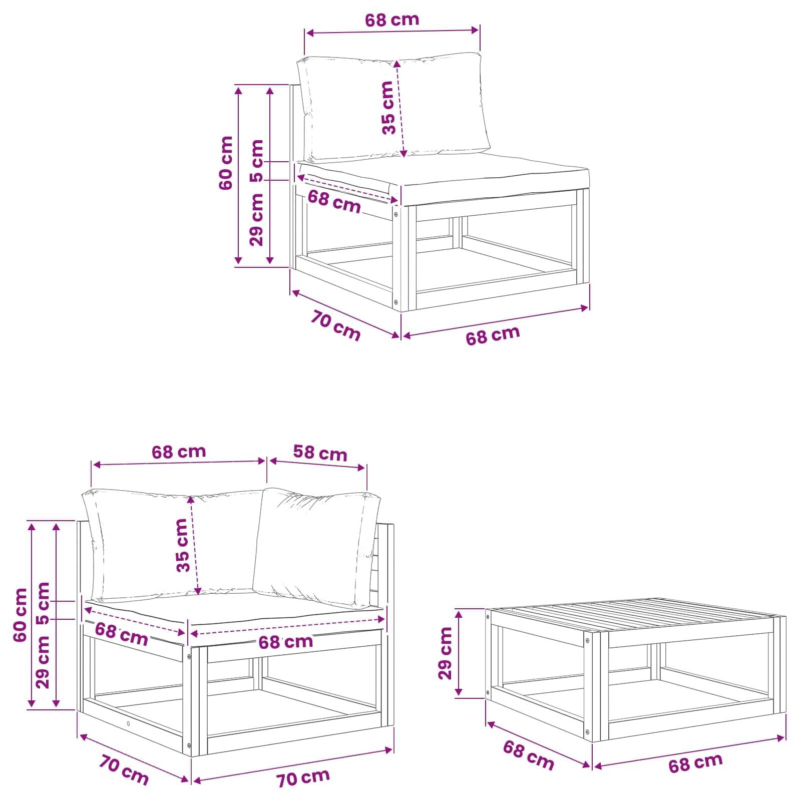 Strichzeichnung einer modularen Stuhl- und Tisch-/Ottomane-Kombination mit Maßen in cm: Stuhl 68 x 70 x 60, Sitzhöhe 29, Kissen 35; Tisch 68 x 68 x 29.