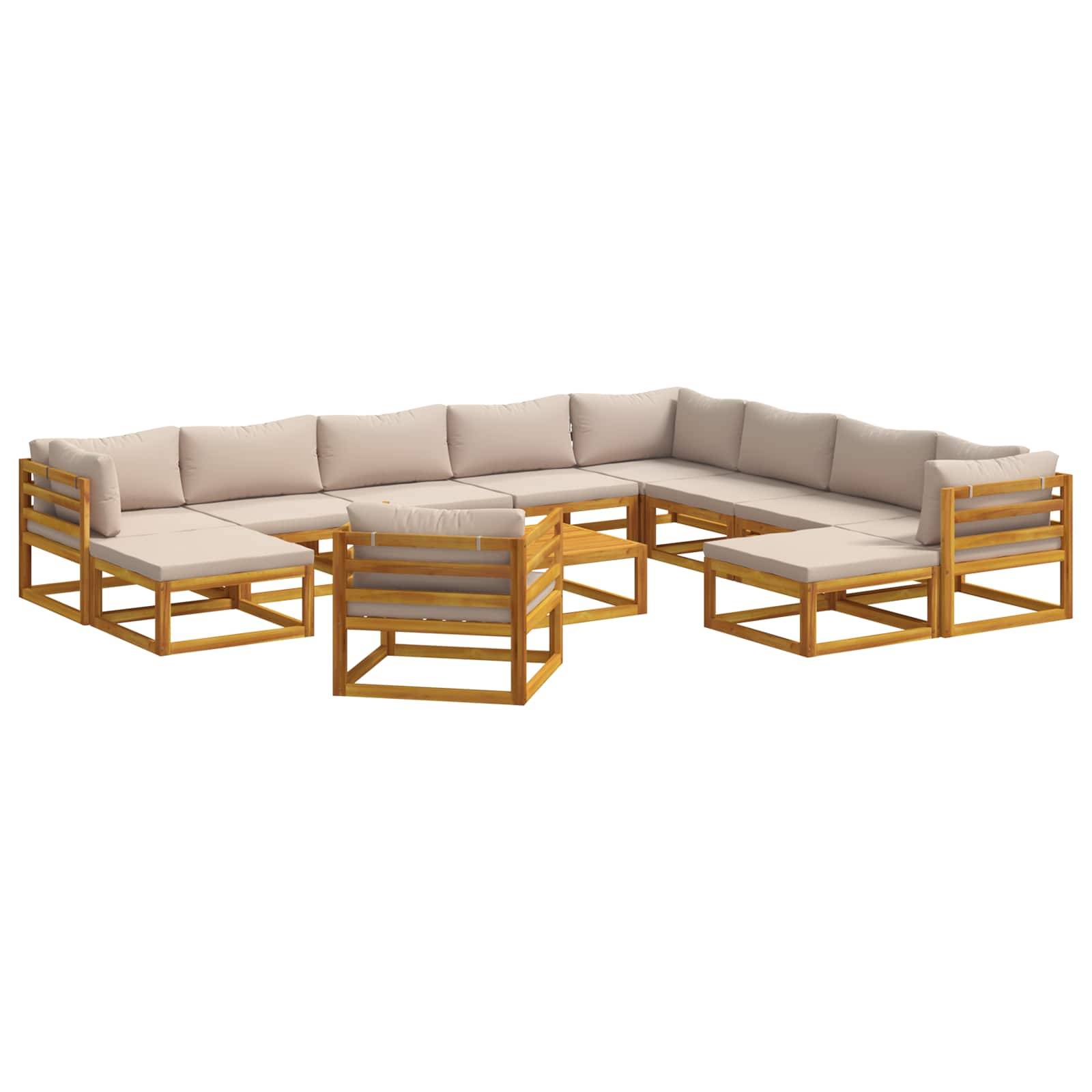 L-förmiges modulares Außen-Ecksofa mit beigen Kissen und Holzrahmen, gezeigt mit passenden Ottomanen oder Chaiselongue-Sitzen auf weißem Hintergrund.