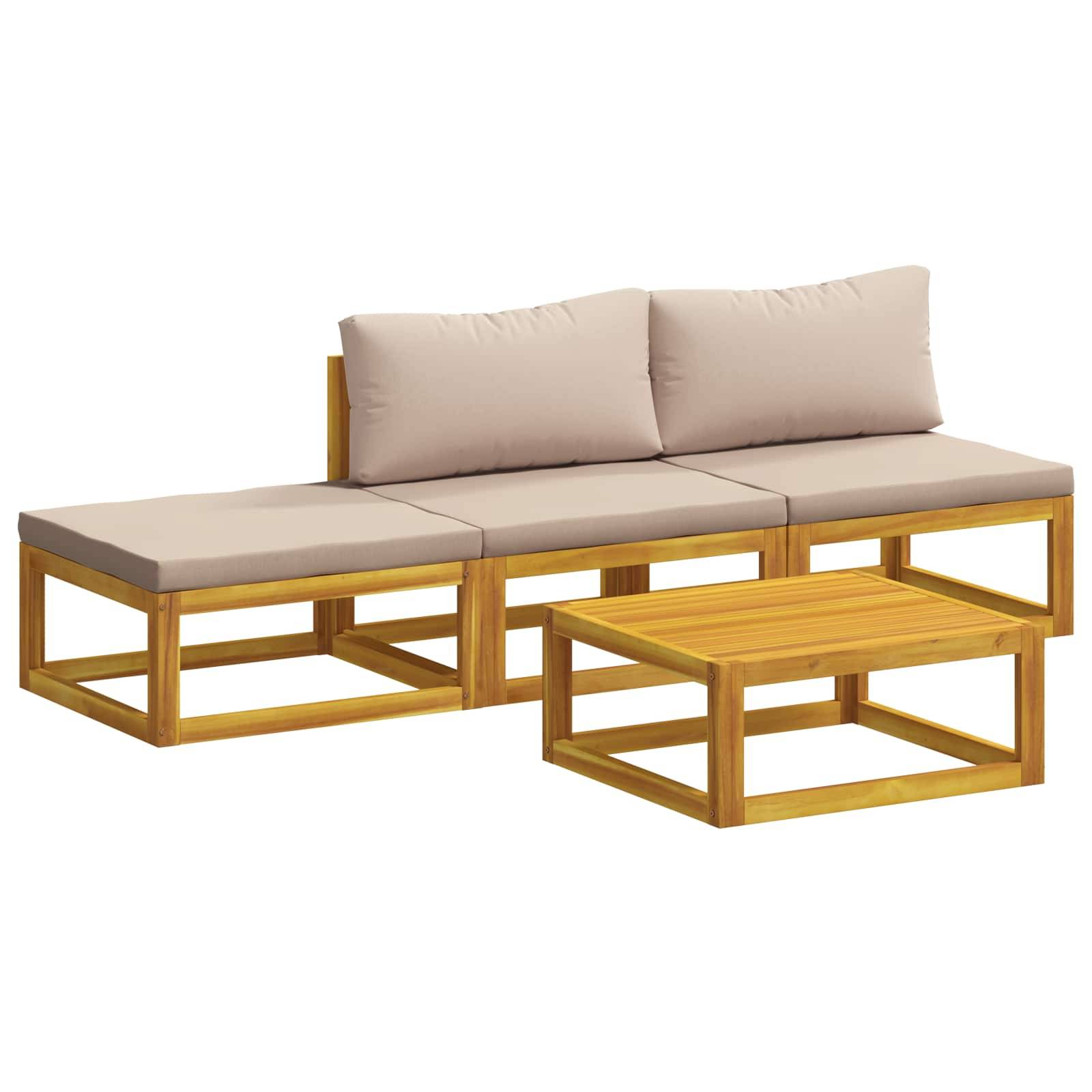 Modernes Außen-Ecksofa-Set mit beigen Kissen und einem passenden Holz-Couchtisch auf weißem Hintergrund.