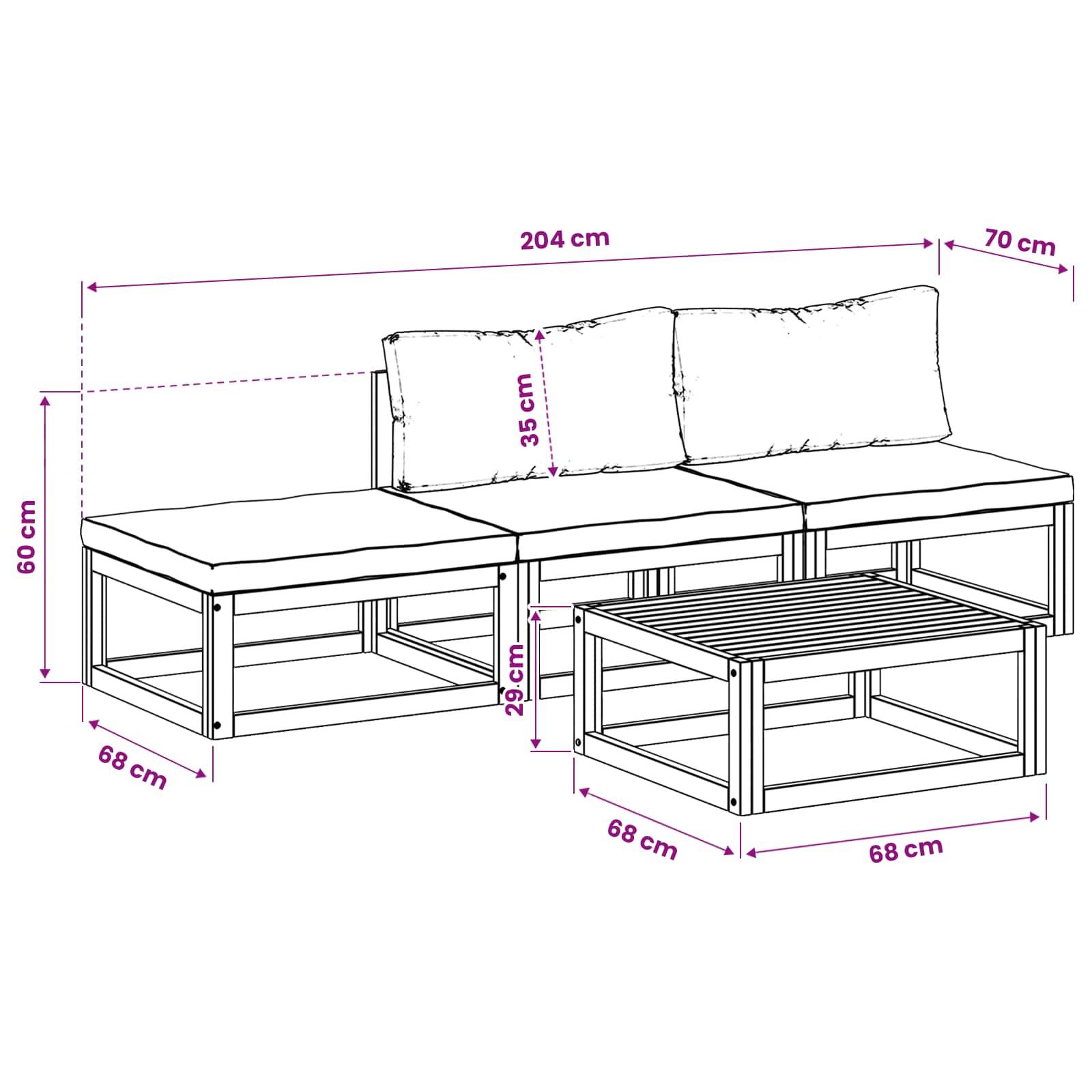 Maßstabgerechte Linienzeichnung eines modularen Outdoor-Sofasatzes mit zwei Kissen und passendem Couchtisch, mit Gesamtabmessungen von 204 cm Breite, 70 cm Tiefe, 60 cm Höhe.
