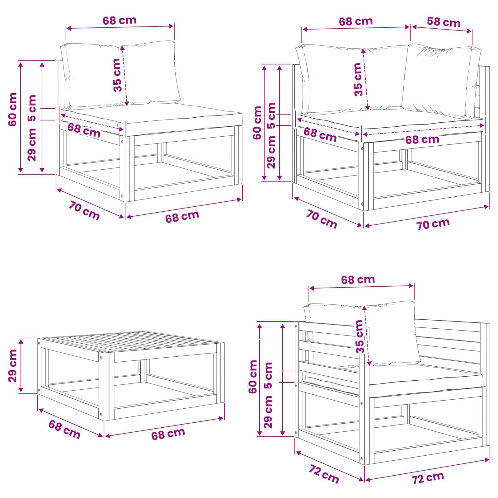 Möbliertes Diagramm mit Maßangaben zeigt ein modulares Holz-Außensofa/eine Holzbank und einen Couchtisch mit Kissen, beschriftet in Zentimetern.