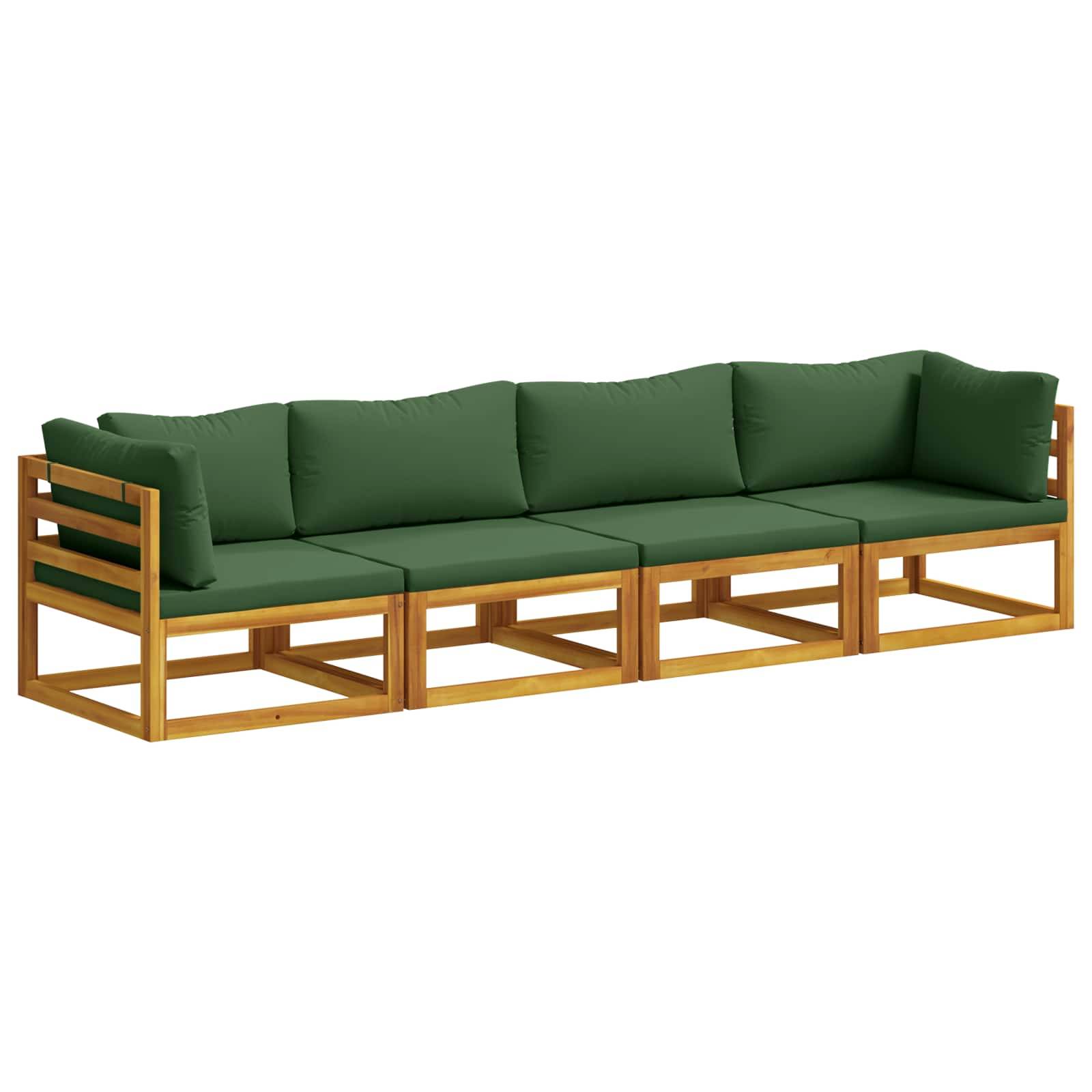 Grünes gepolstertes Outdoor-Ecksofa mit Holzrahmen und vier Sitzplätzen, gezeigt auf weißem Hintergrund.