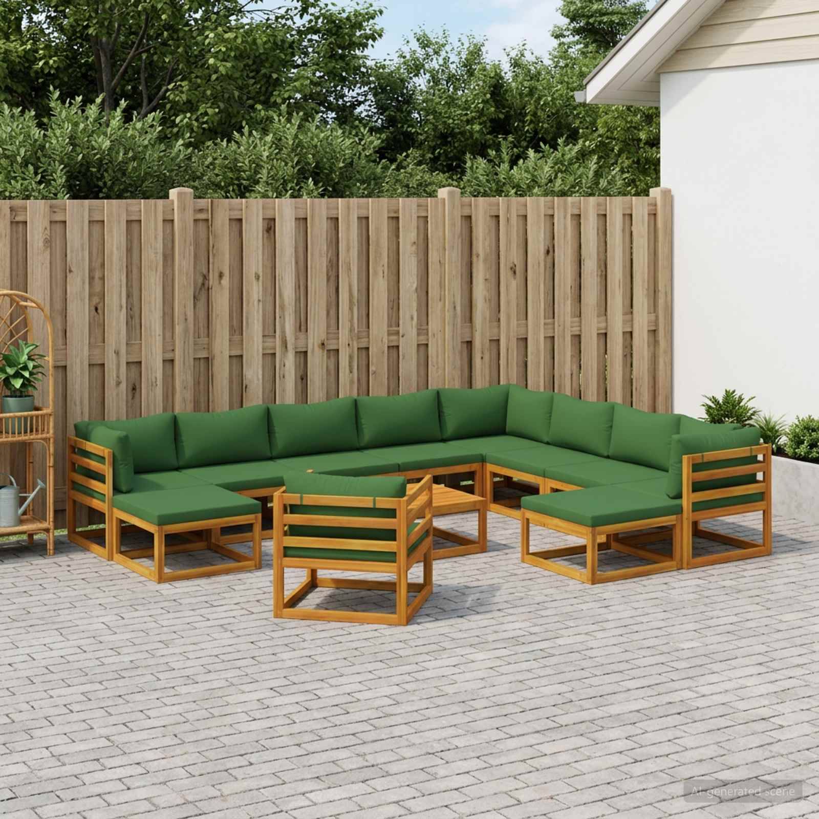 Außenbereich einer Terrasse mit grünen gepolsterten Holzsektionalsofas und passenden Tischen auf einer gepflasterten Fläche neben einem Zaun und einem Haus.