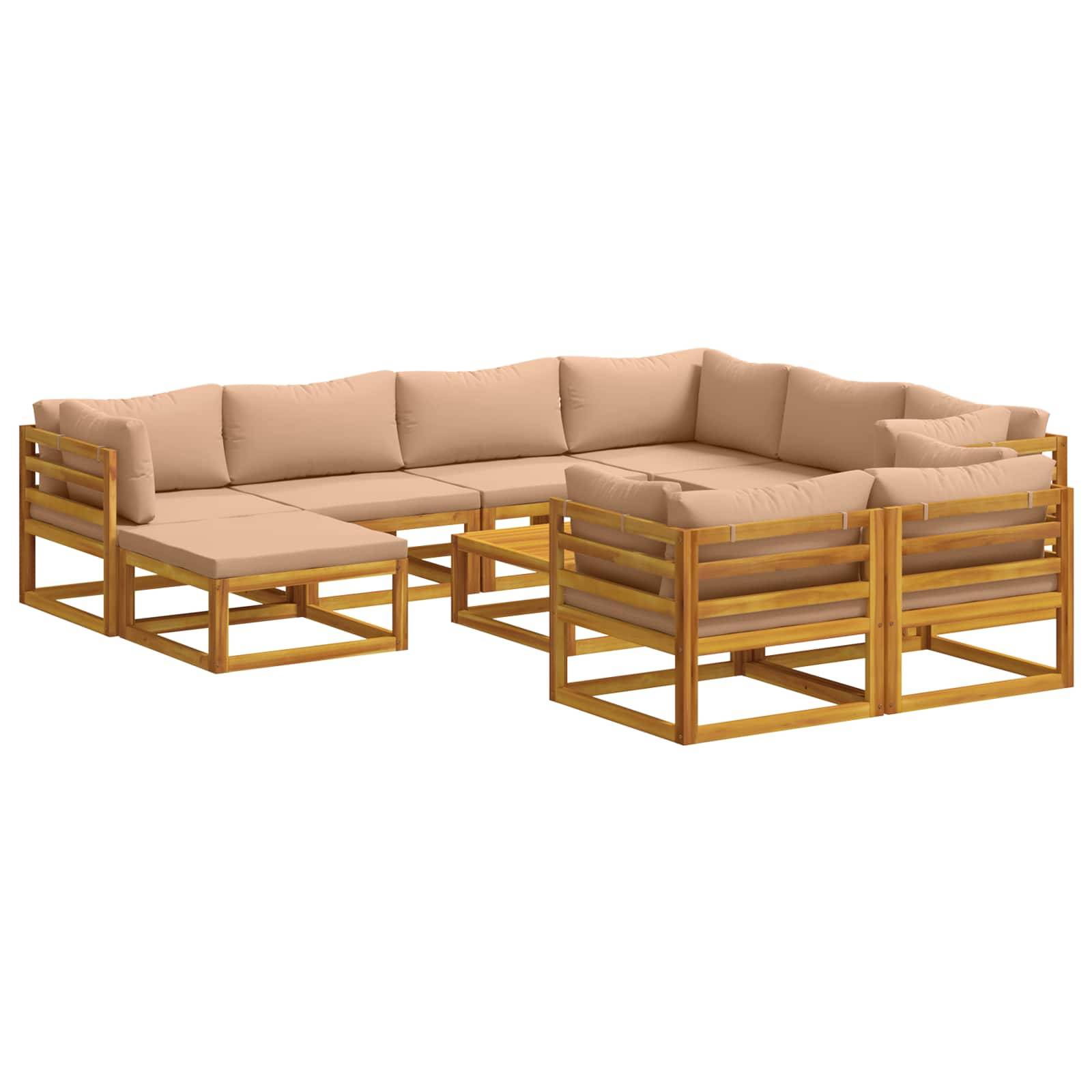 L-förmiges Außen-Ecksofa mit beigen Kissen und Holzrahmen, dargestellt auf weißem Hintergrund.