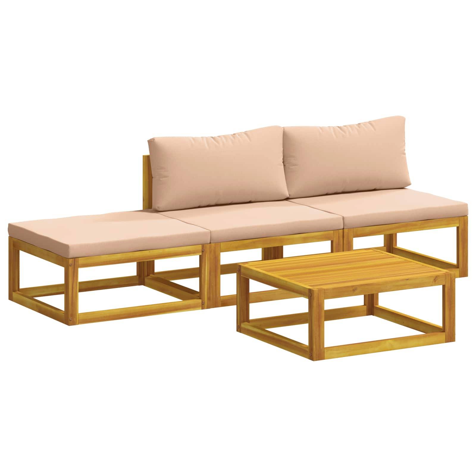 Modernes Außen-Ecksofa mit beigen Kissen und Holzrahmen, kombiniert mit einem passenden Holz-Couchtisch auf weißem Hintergrund.