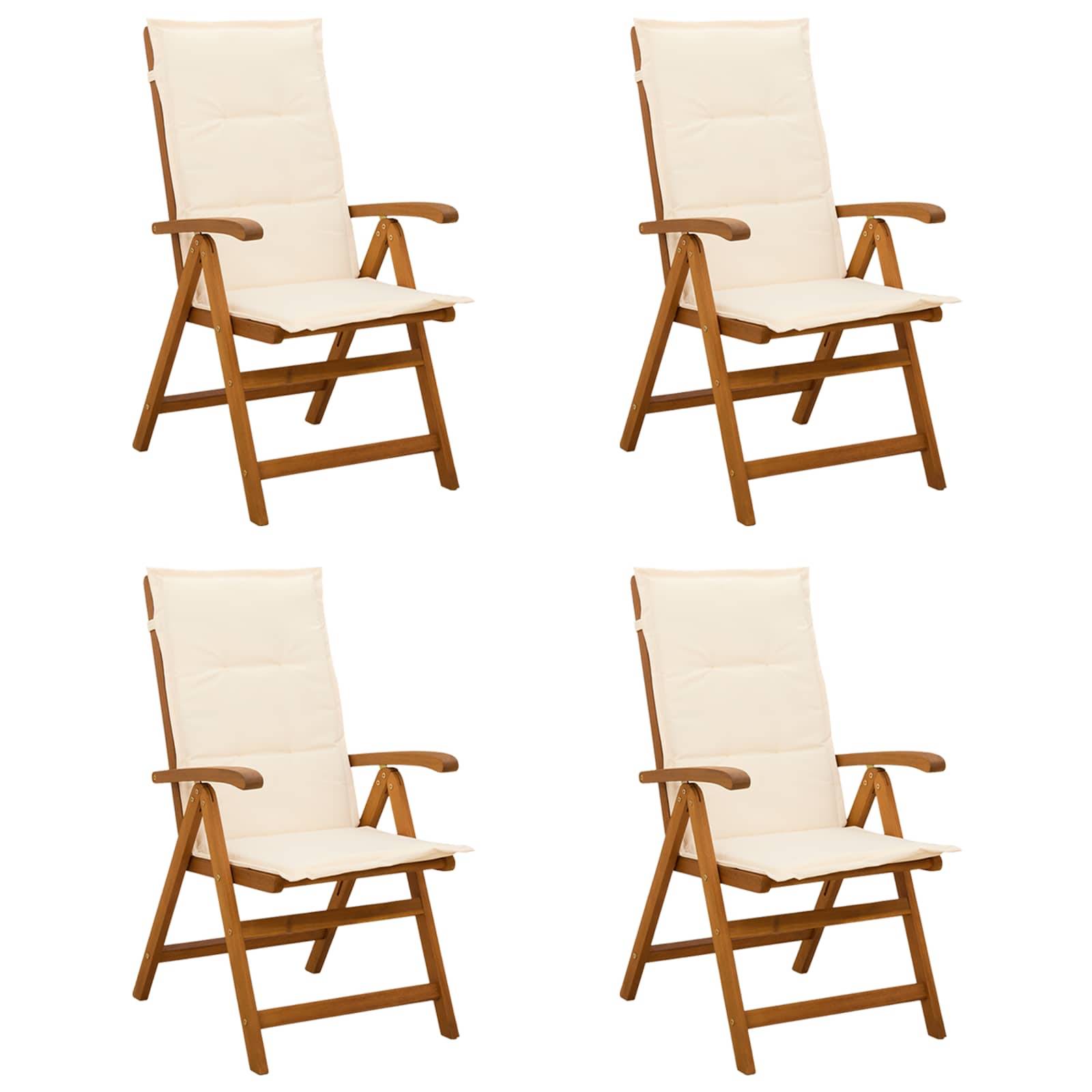 Vier identische Sessel aus Holz mit beigen Kissen in einem 2x2-Raster auf weißem Hintergrund angeordnet.