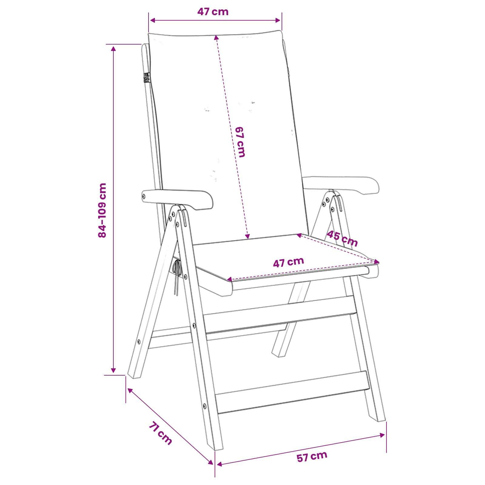 Strichzeichnung eines Liegestuhls mit beschrifteten Abmessungen: 84-109 cm Höhe, 57 cm Tiefe, 47 cm Sitzbreite, 45 cm Sitztiefe, 47 cm Rückenlehnenbreite, 67 cm Rückenlehenhöhe und 71 cm Basistief.