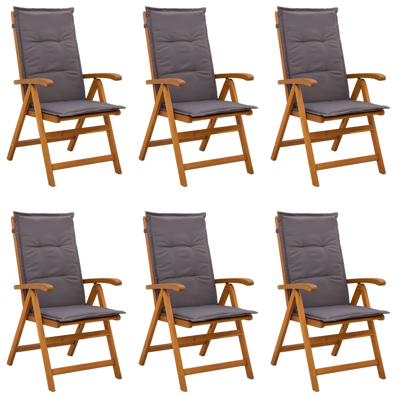 Sechs graue gepolsterte Holz-Liegestühle in einem 3-mal-2-Produktlayout auf weißem Hintergrund dargestellt.
