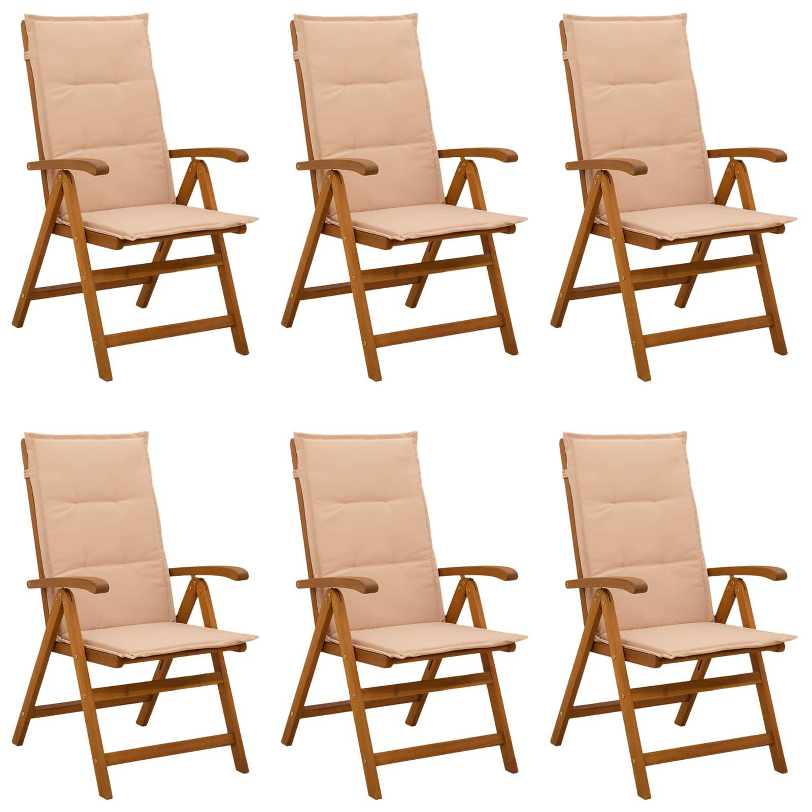 Sechs beige gepolsterte Holz-Terrassenstühle in einer Produktcollage auf weißem Hintergrund.