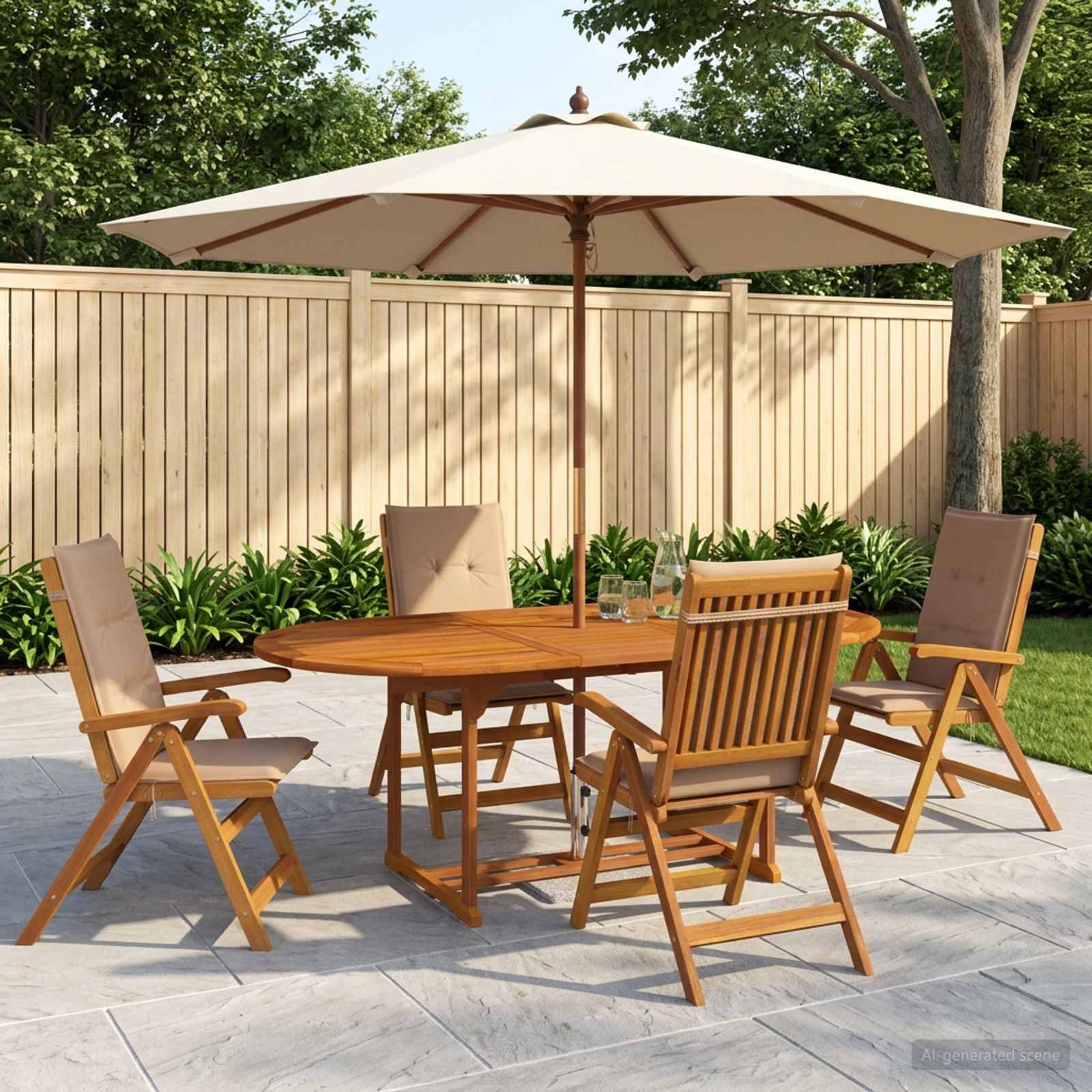Gartenmöbel-Set mit rundem Holztisch, vier Stühlen und großem beigefarbenem Sonnenschirm auf einer Steinterrasse neben einem Zaun und einem Garten.