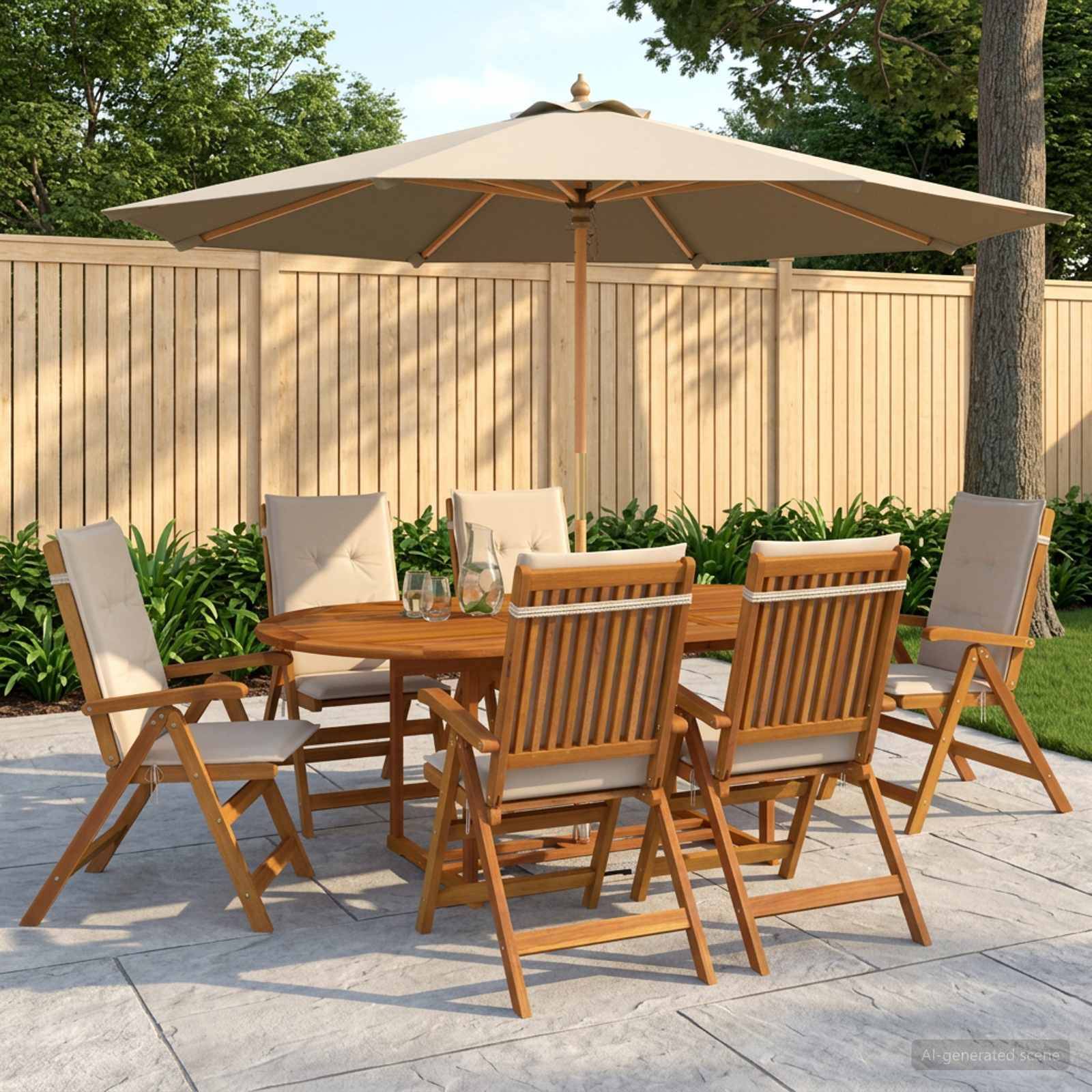 Esszimmer-Set für die Terrasse mit sechs Holzstühlen um einen runden Tisch unter einem großen beigen Sonnenschirm, neben einem Zaun und Begrünung.