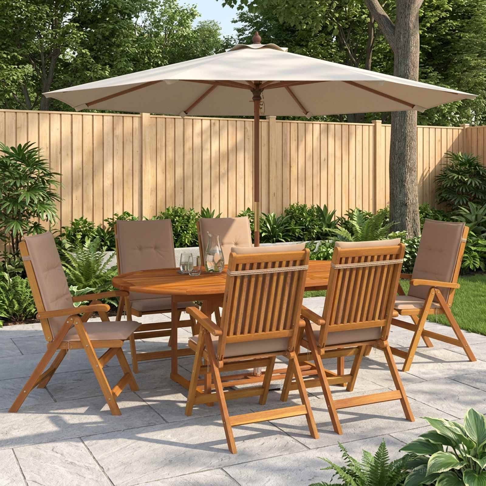 Gartenmöbel-Set für die Terrasse mit Holztisch, sechs Klappstühlen und großem beigem Sonnenschirm auf einer Steinterrasse neben einem Zaun und einem Garten.