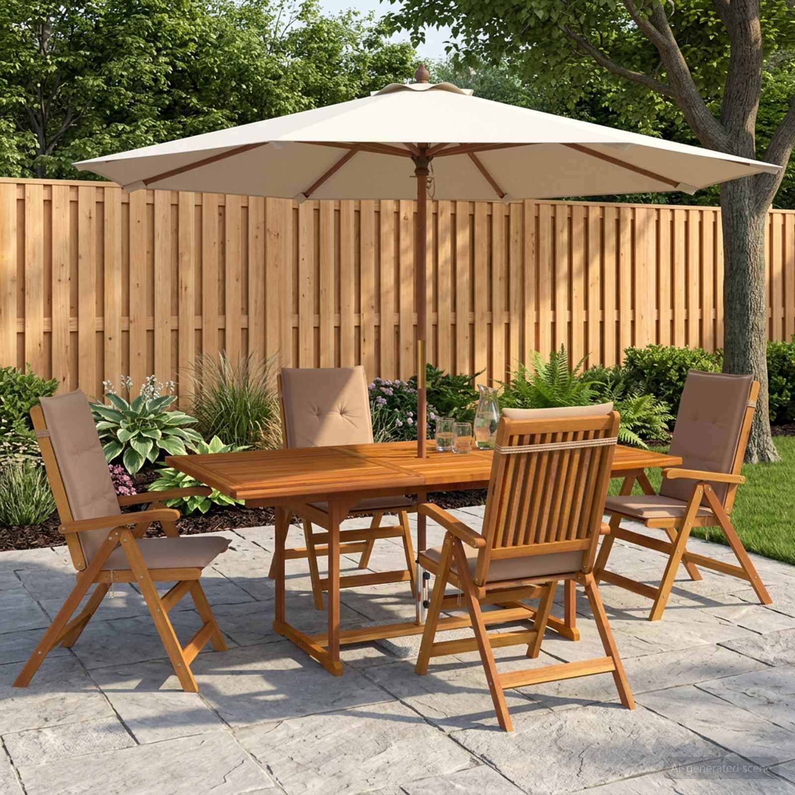 Holz-Gartenesstisch mit vier Stühlen und beigem Sonnenschirm auf einer Steinterrasse, angeordnet in einem gestalteten Hinterhof mit Zaun und Bäumen.