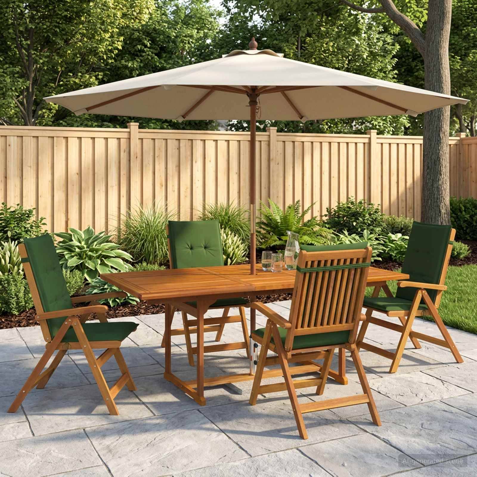 Terrassenmöbel-Set mit Holztisch, vier grünen Stühlen mit Kissen und einem beigen Sonnenschirm auf einer Steinterrasse neben einem eingezäunten Garten.