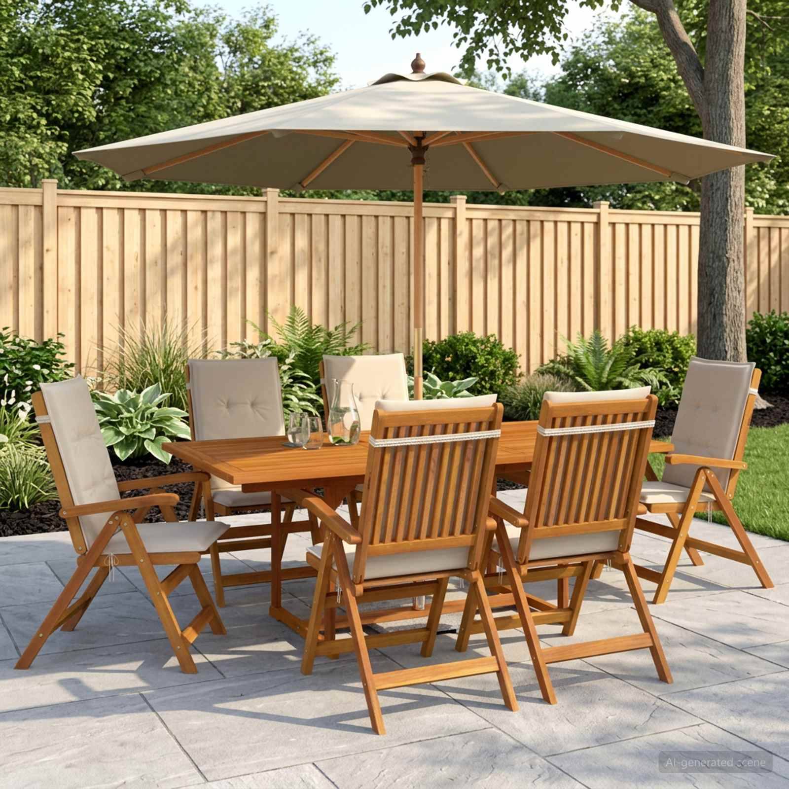 Esszimmer-Set für die Terrasse mit sechs Holzstühlen und einem Tisch unter einem großen beigen Sonnenschirm in einem gestalteten Hinterhof.