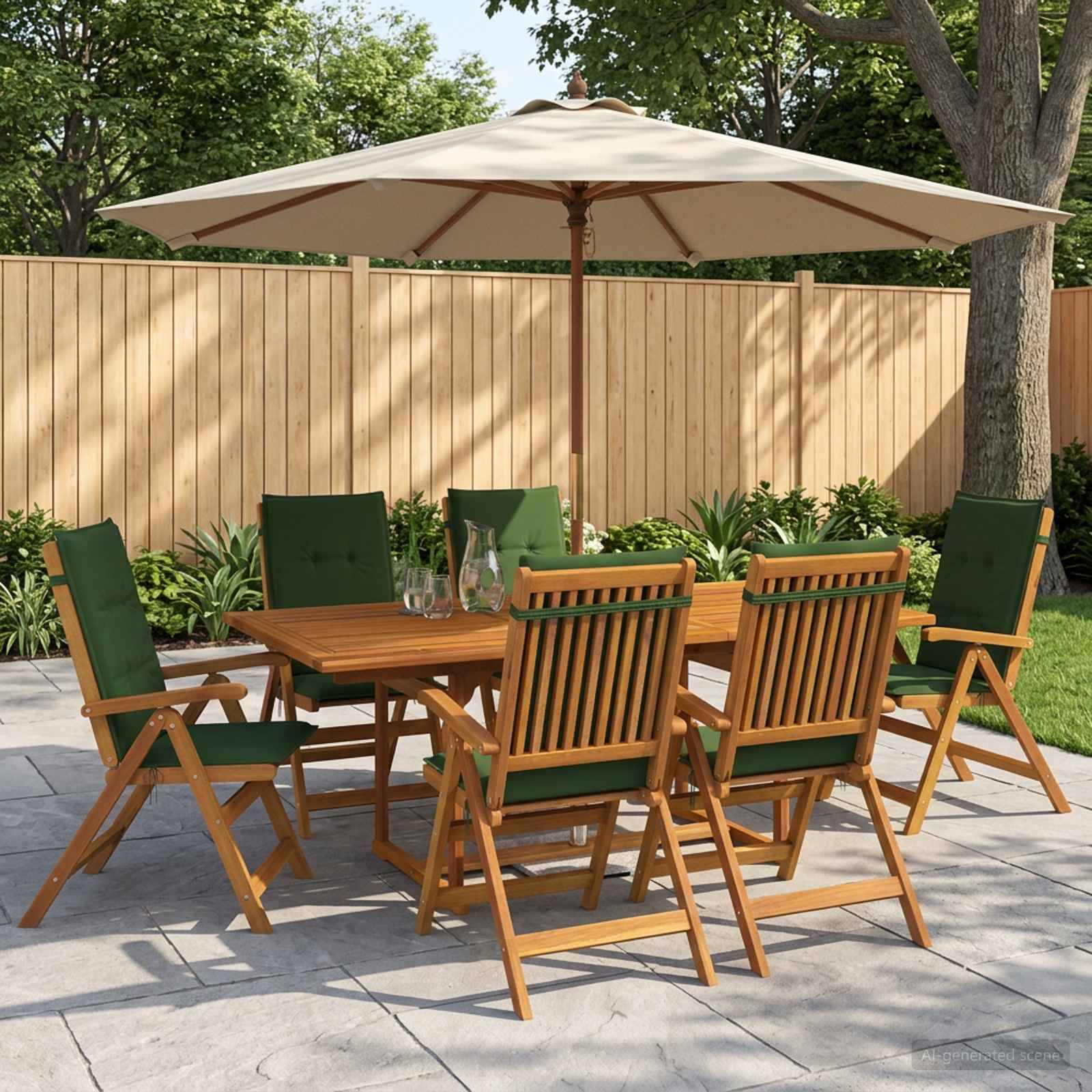 Outdoor-Essbereich mit Holztisch, sechs grüngepolsterten Stühlen und einem großen cremefarbenen Schirm auf einer Steinterrasse neben einem Zaun und Bäumen.