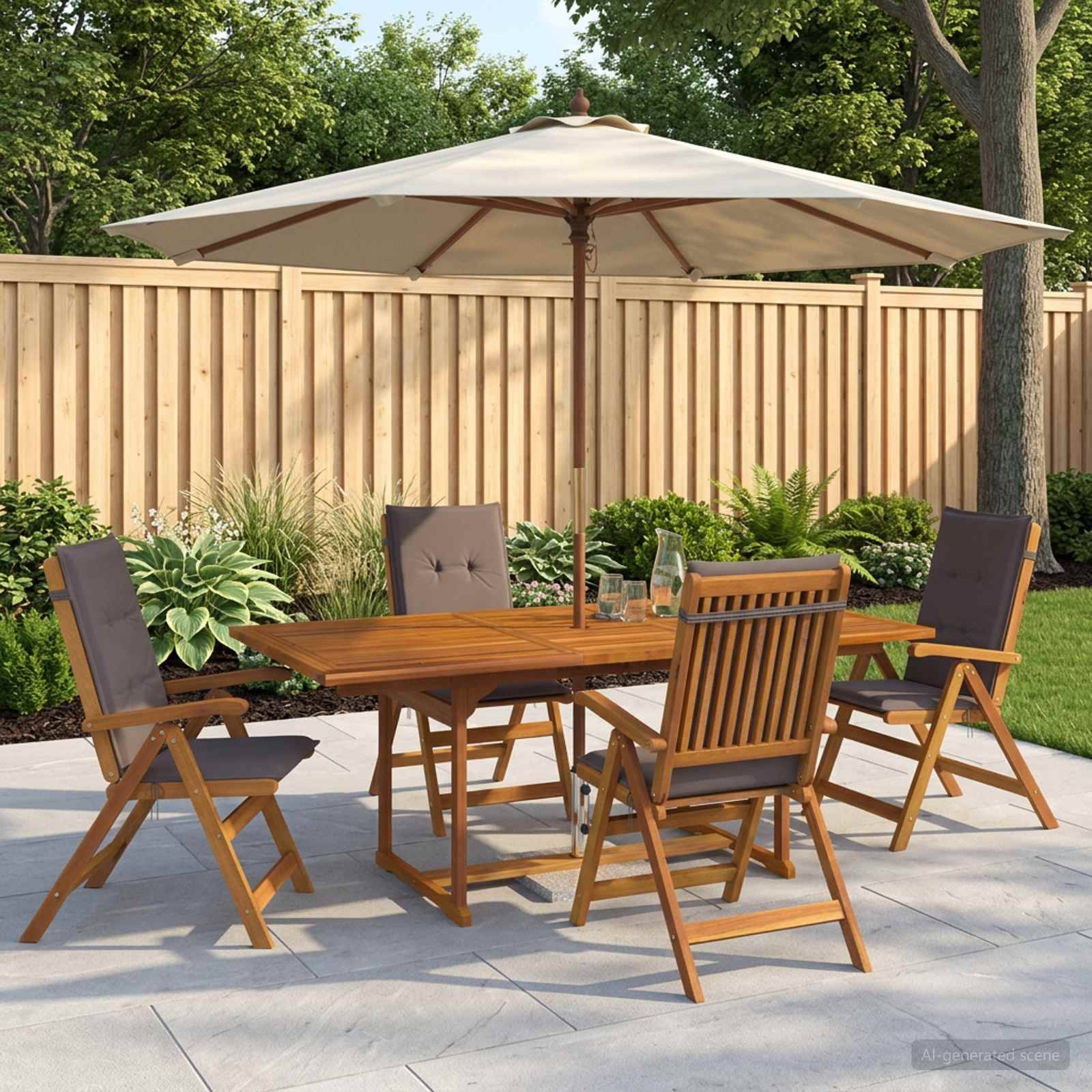 Esszimmer-Set für den Außenbereich mit hölzernem Tisch und vier gepolsterten Stühlen unter einem großen beigen Sonnenschirm in einem Gartenbereich.