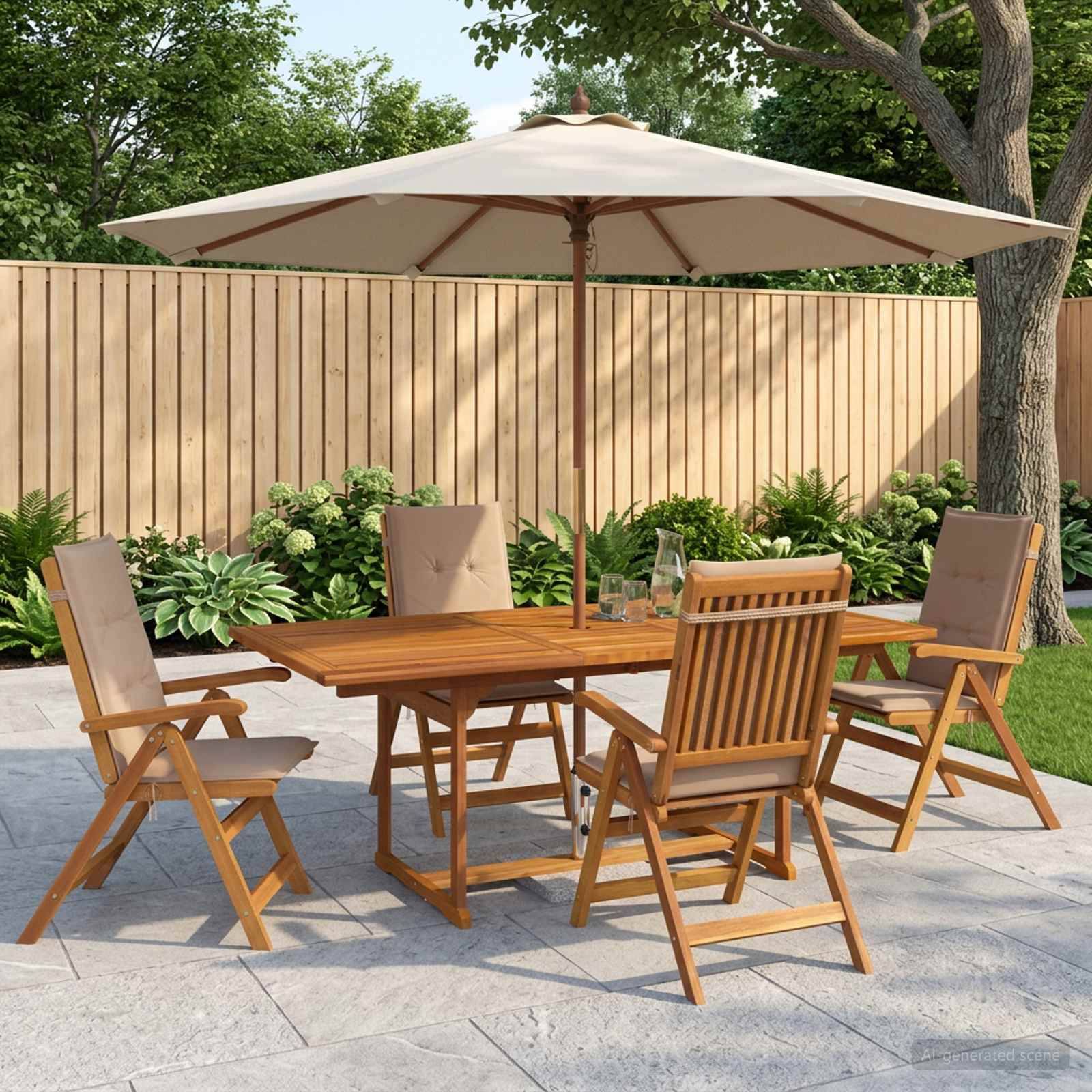 Gartenmöbel-Set für die Terrasse mit Holztisch, vier gepolsterten Stühlen und großem Sonnenschirm auf einer Steinterrasse in einem gestalteten Hinterhof.