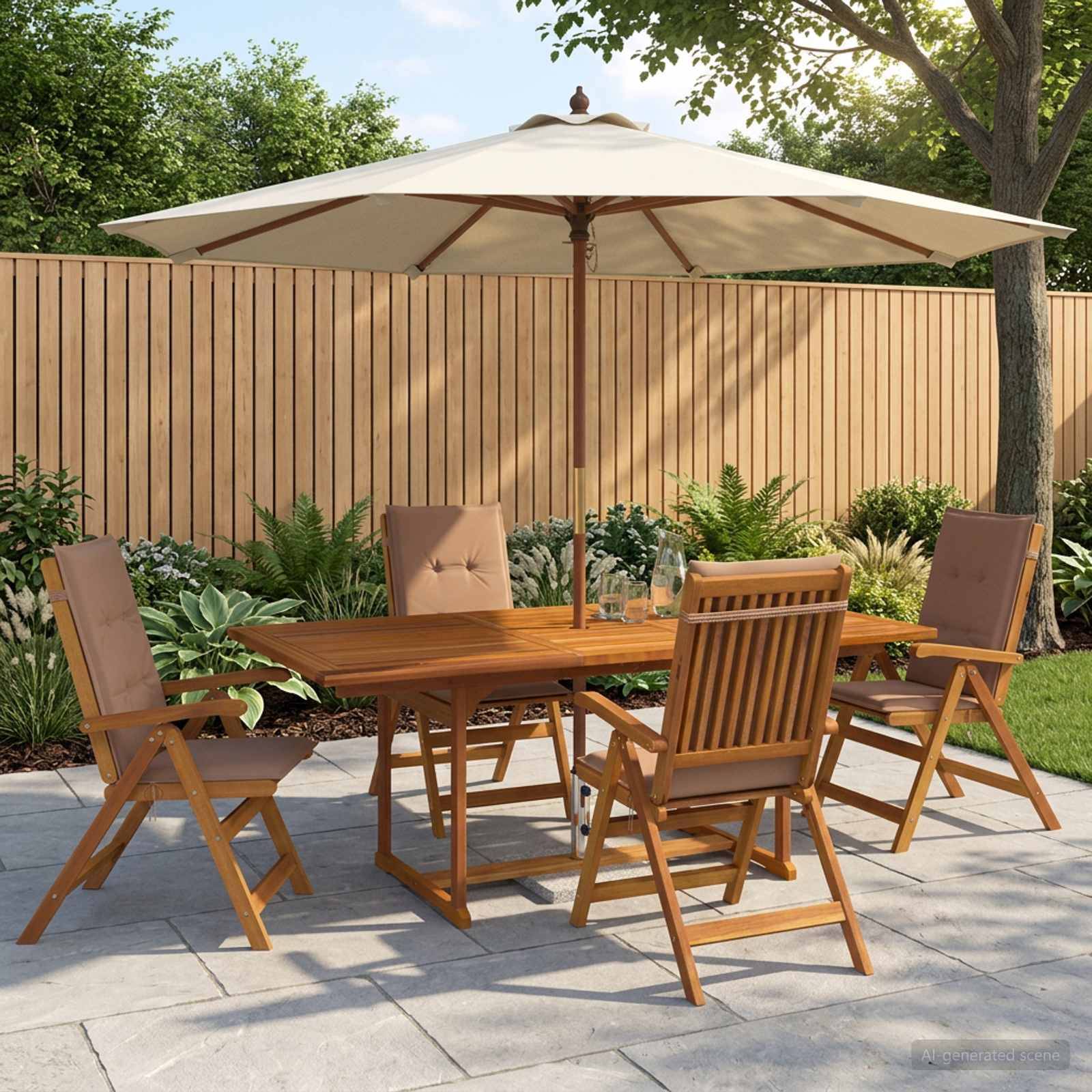 Essbereich auf der Terrasse im Freien mit vier Holzstühlen und einem Tisch unter einem großen cremefarbenen Sonnenschirm, aufgestellt auf einer Steinterrasse neben einem Holzzaun und einem Garten.