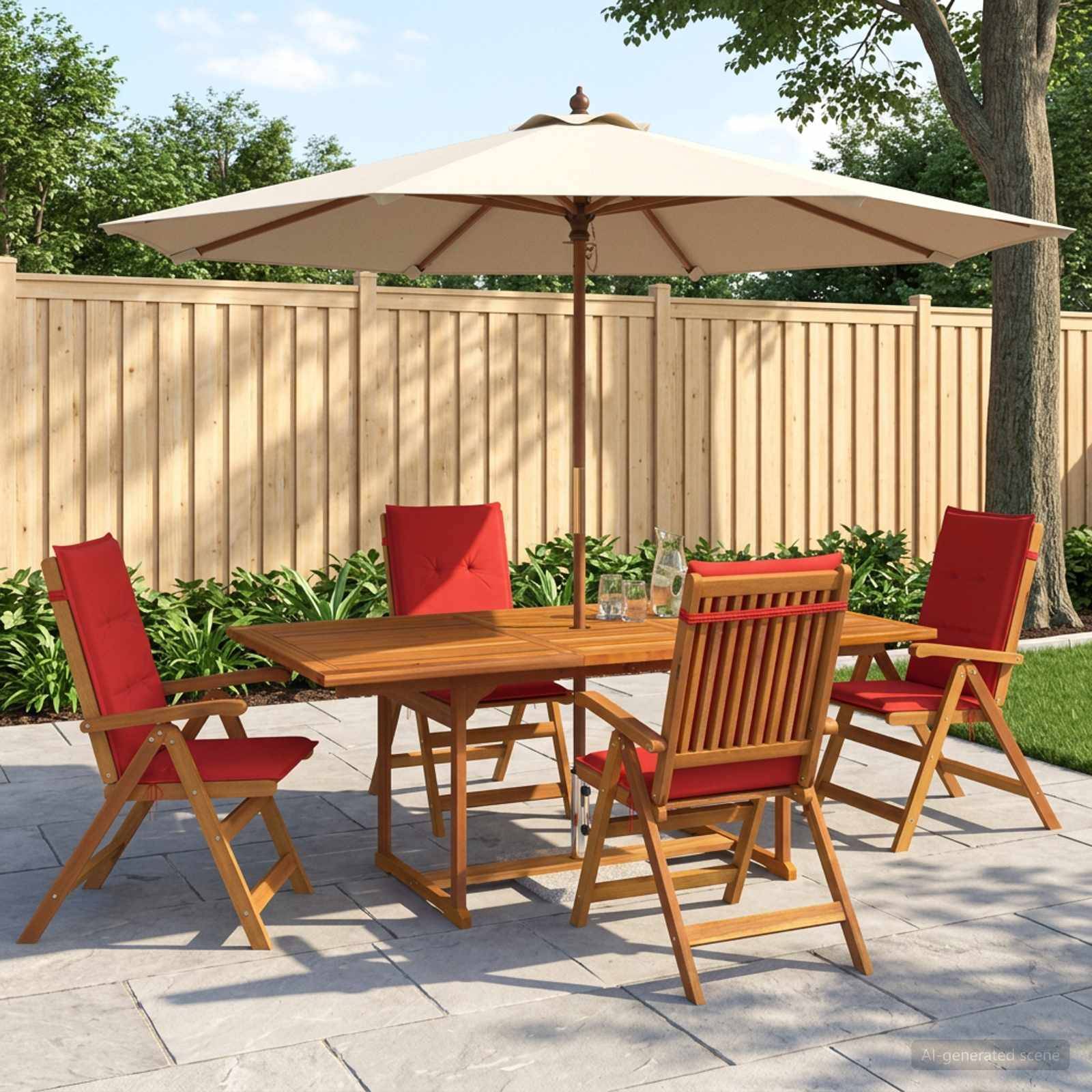 Esszimmer-Set für die Terrasse im Freien mit Holztisch, vier roten Stühlen und einem großen beigen Schirm auf einer Steinterrasse neben einem Zaun und einem Garten.