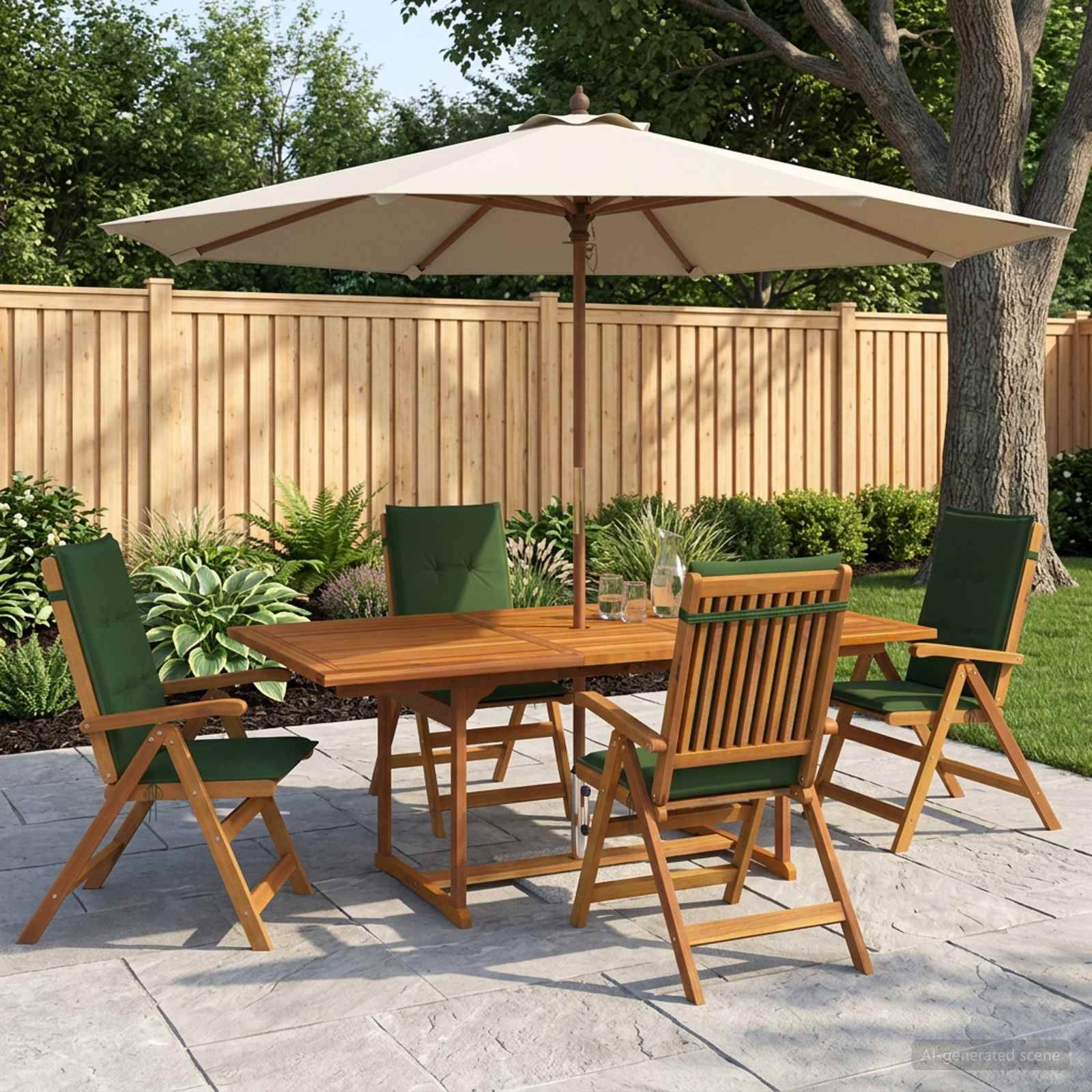 Holz-Essgruppe für den Außenbereich mit vier grün gepolsterten Stühlen unter einem beigen Schirm auf einer Steinterrasse im Garten.