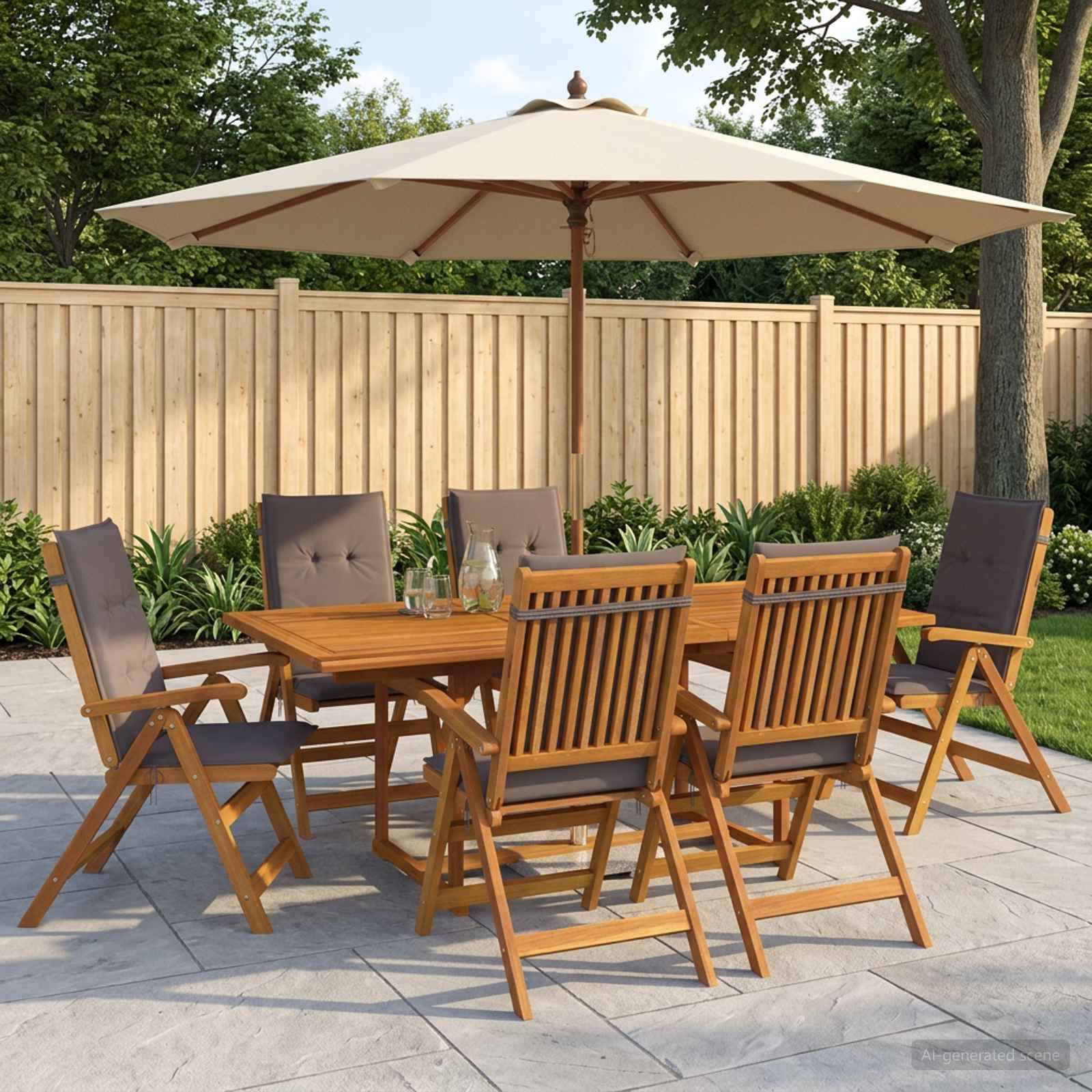 Essgarnitur für die Terrasse im Freien mit Holztisch, sechs gepolsterten Stühlen und großem beigefarbenem Sonnenschirm auf einer gepflasterten Hof-Terrasse.