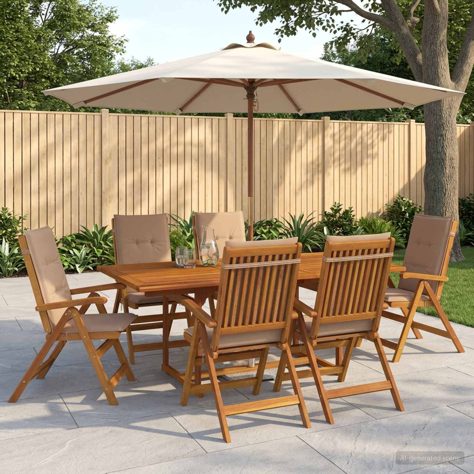 Esszimmergarnitur für die Terrasse im Freien mit sechs Holzstühlen um einen quadratischen Tisch unter einem großen beigen Sonnenschirm im Hinterhof.