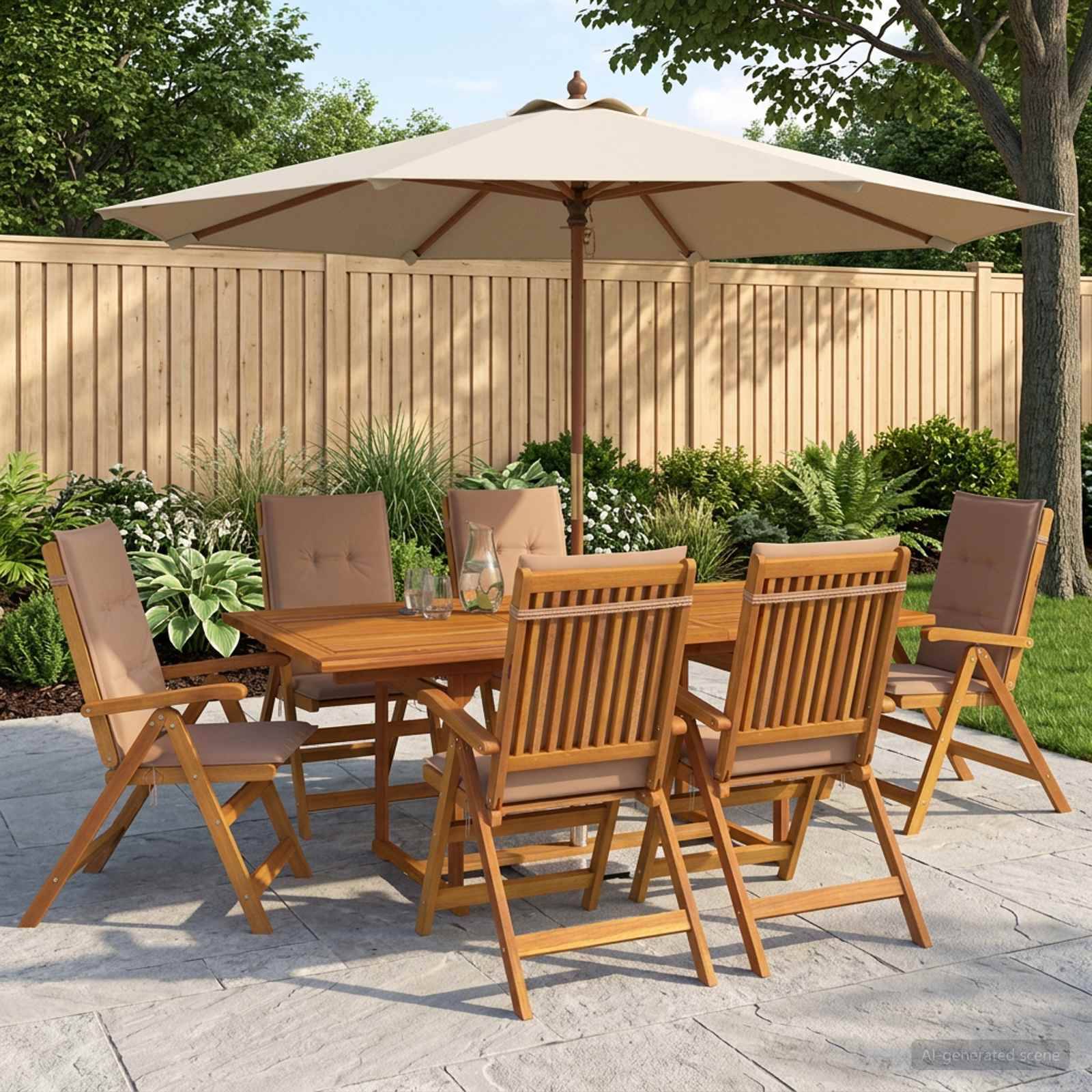 Essgarnitur für die Terrasse im Freien mit sechs Holzstühlen um einen rechteckigen Tisch unter einem großen beigen Schirm in einem gestalteten Hinterhof.