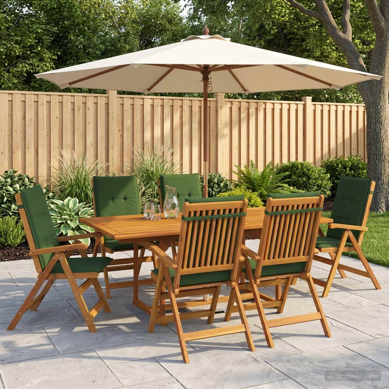 Esszusammensatz für die Terrasse im Freien mit Holztisch und grün gepolsterten Stühlen unter einem großen beigen Schirm in einem eingezäunten Hinterhof.