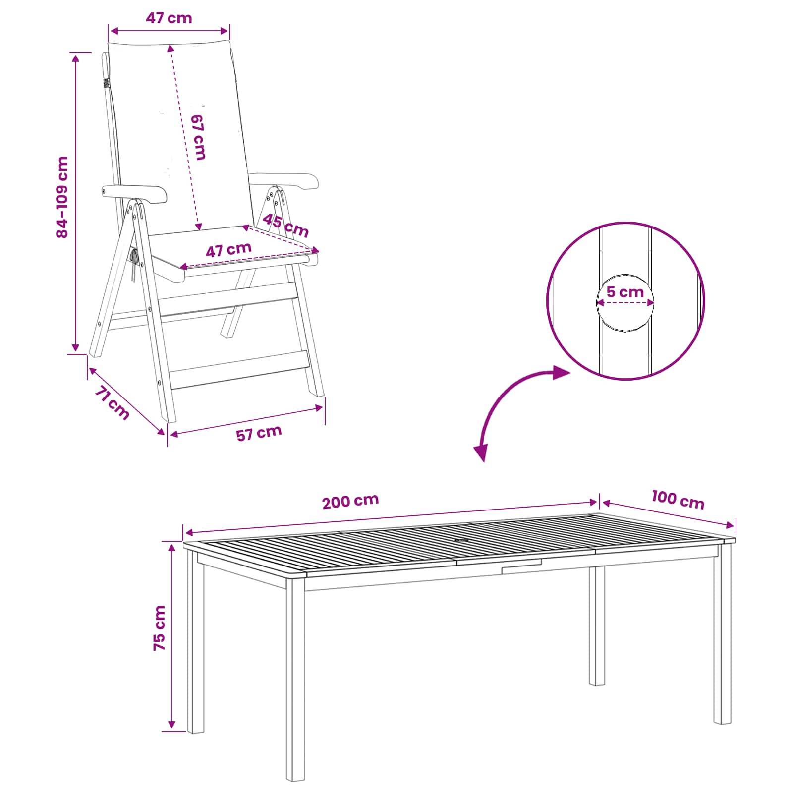 Das Diagramm zeigt einen Klappstuhl und einen rechteckigen Tisch mit Maßangaben in Zentimetern sowie eine 5-cm-Detailvergrößerung des Abstands der Stuhllatten.