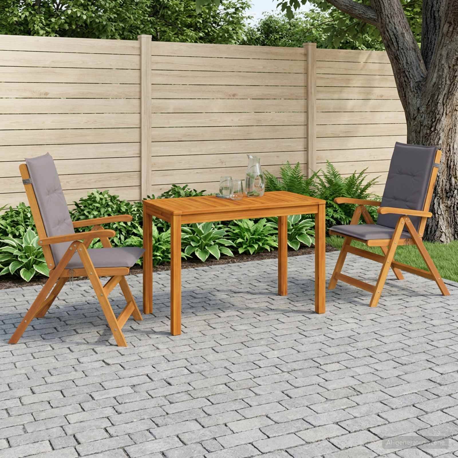 Außenmöbelset mit zwei Holzstühlen und einem quadratischen Holztisch auf einer gepflasterten Terrasse neben einem Zaun und Grünflächen.