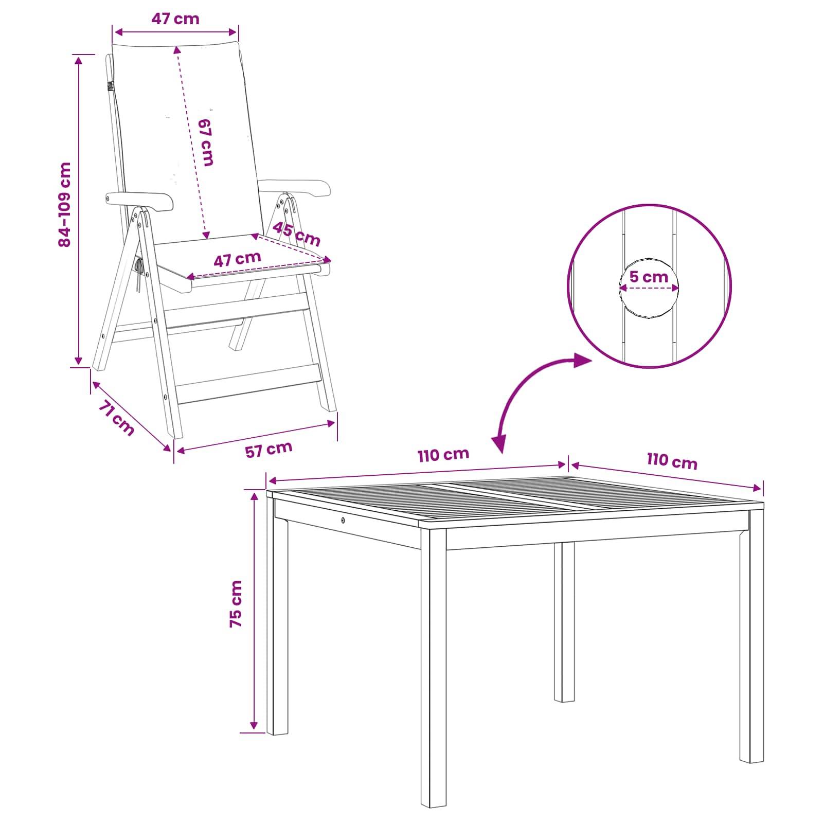 Maßstabsgetreue Illustration eines Klapstuhls und einer Klapptisch: Stuhl 84–109 cm hoch, 57 cm breit, 71 cm tief; Tisch 75 cm hoch, 110 x 110 cm, mit 5 cm Beindetail-Ausschnitt.