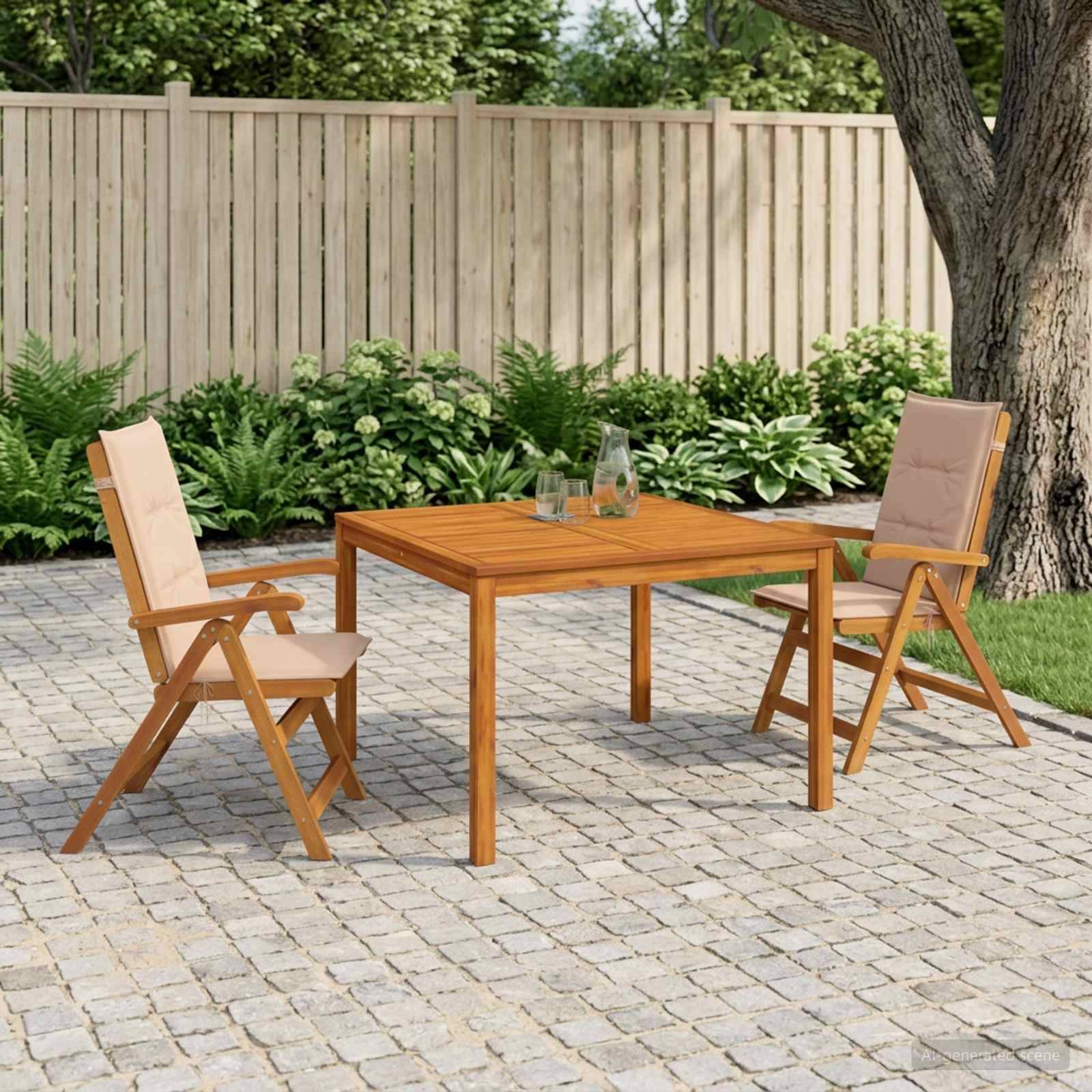 Gartenmöbel im Freien mit zwei Klapstühlen und einem Holztisch auf einer Kopfsteinpflaster-Terrasse neben einem Baum und Gartenzaun.