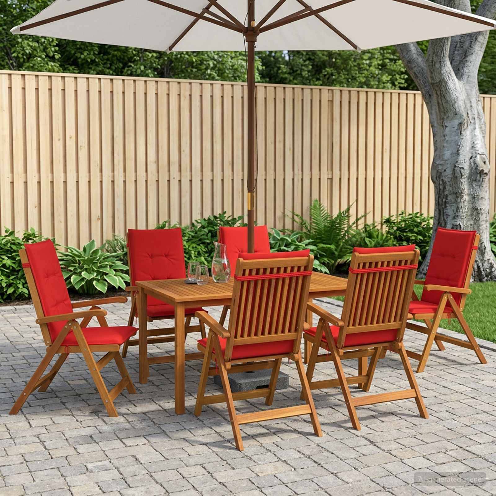 Esszimmerset für die Terrasse mit Holztisch und sechs Stühlen mit roten Kissen unter einem großen Schirm auf einer Steinterrasse neben einem Zaun und grünen Pflanzen.