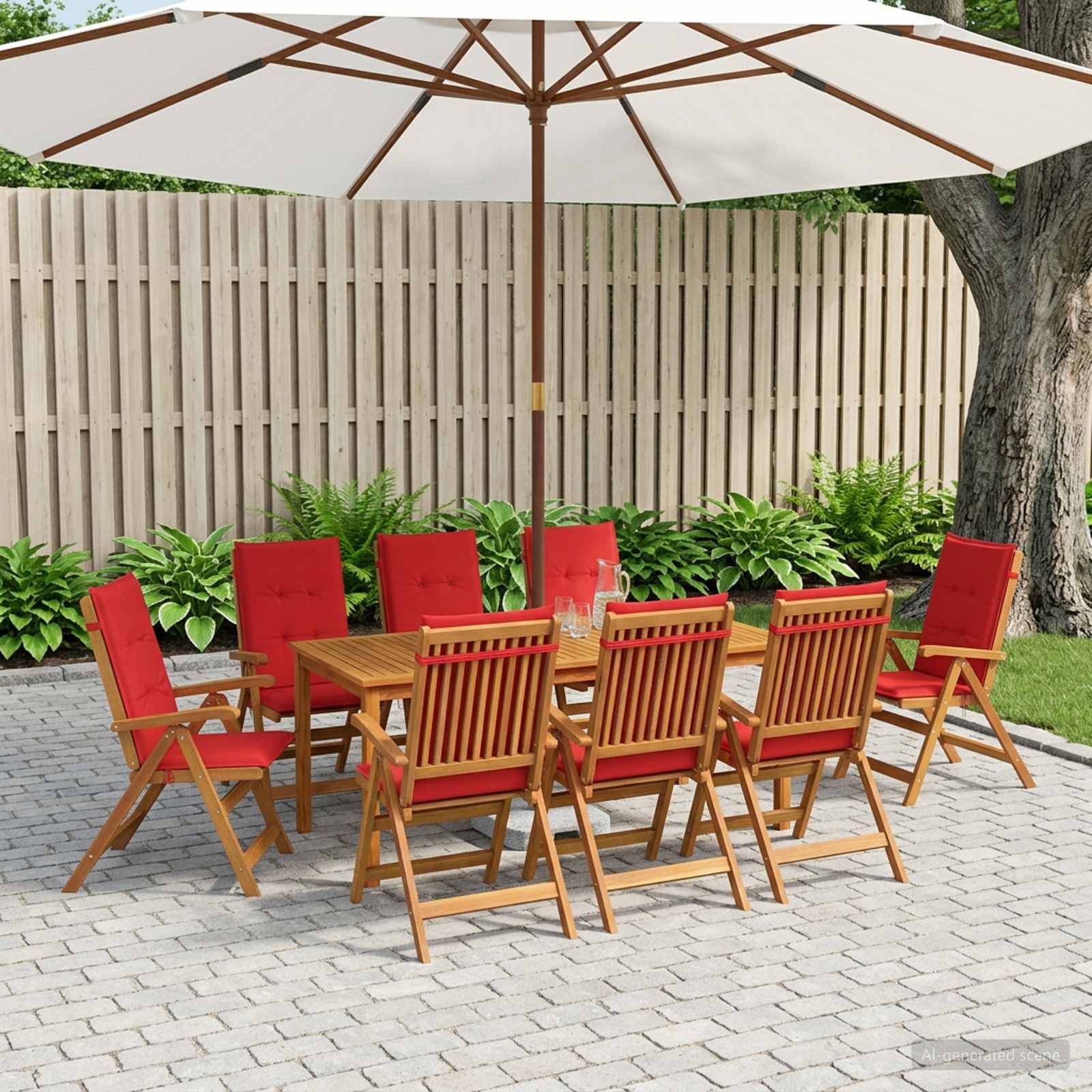 Esszimmer im Freien mit Holztisch und rot gepolsterten Stühlen unter einem großen weißen Schirm neben einem umzäunten Garten und einem Baum.