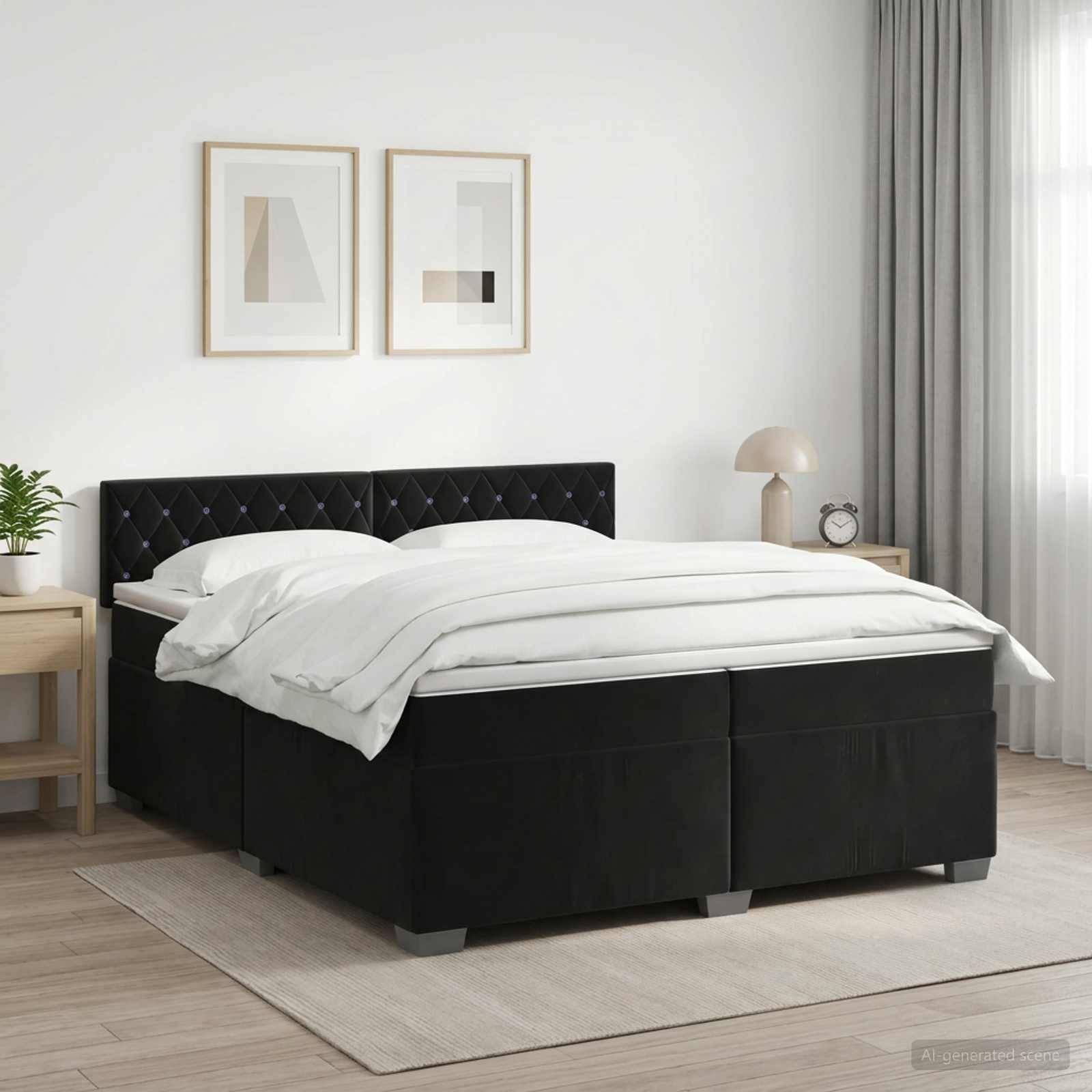 Modernes Schlafzimmer mit einem schwarz gepolsterten Bett, weißer Bettwäsche, Nachttischen, gerahmten Wandbildern und transparenten Vorhängen in einem hellen, minimalistischen Raum.