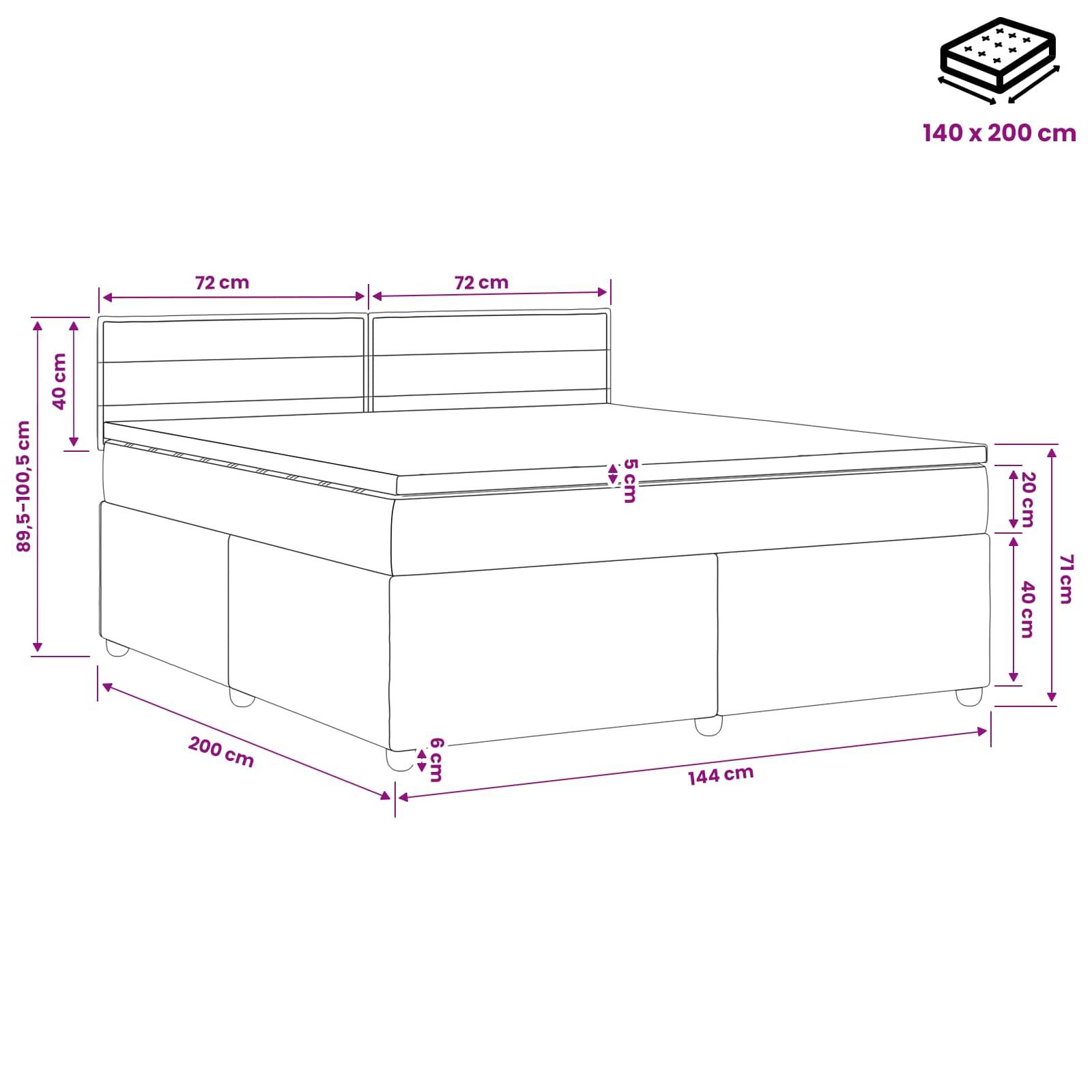 Beschriftetes Bettmaß-Diagramm mit einer Matratzengröße von 140 x 200 cm, mit Gesamtbettmaßen: 200 cm lang, 144 cm breit, 71 cm hoch und 40 cm Kopfteilhöhe.