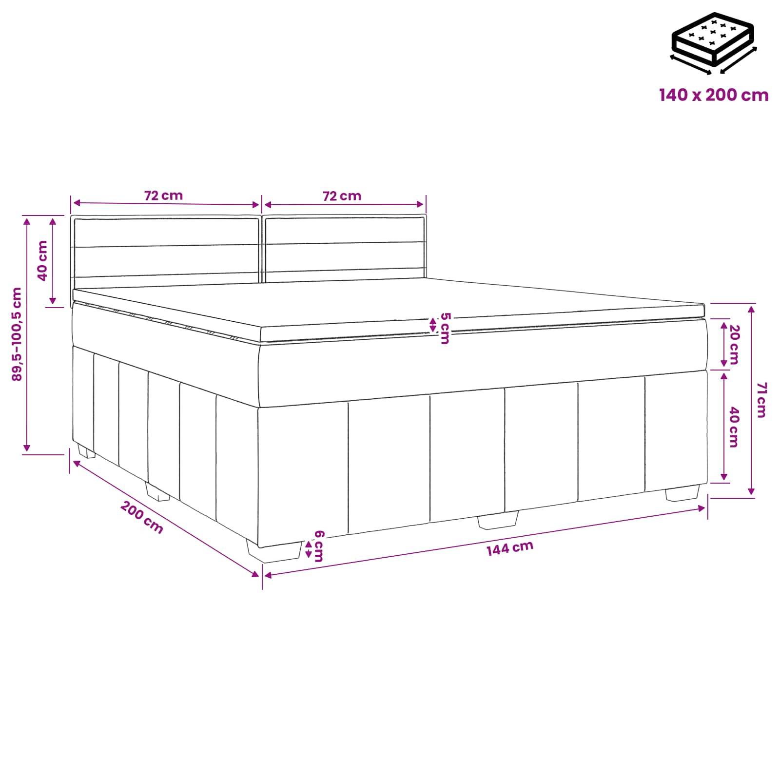 Bemaßte Linienzeichnung einer Bettablage mit Kopfteil, dimensioniert für eine 140 x 200 cm Matratze; Schlüsselmessungen und Höhendimensionen sind beschriftet.