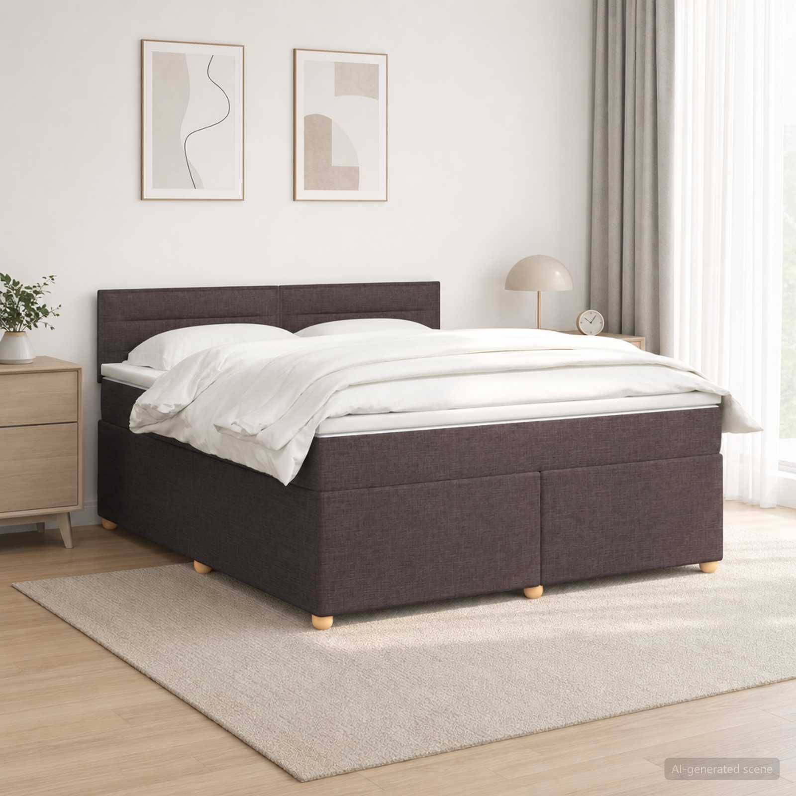 Dunkles gepolstertes Bett mit weißer Bettwäsche in einem hellen minimalistische Schlafzimmer, neben einem Nachttisch, einer Lampe und gerahmter Wandkunst.