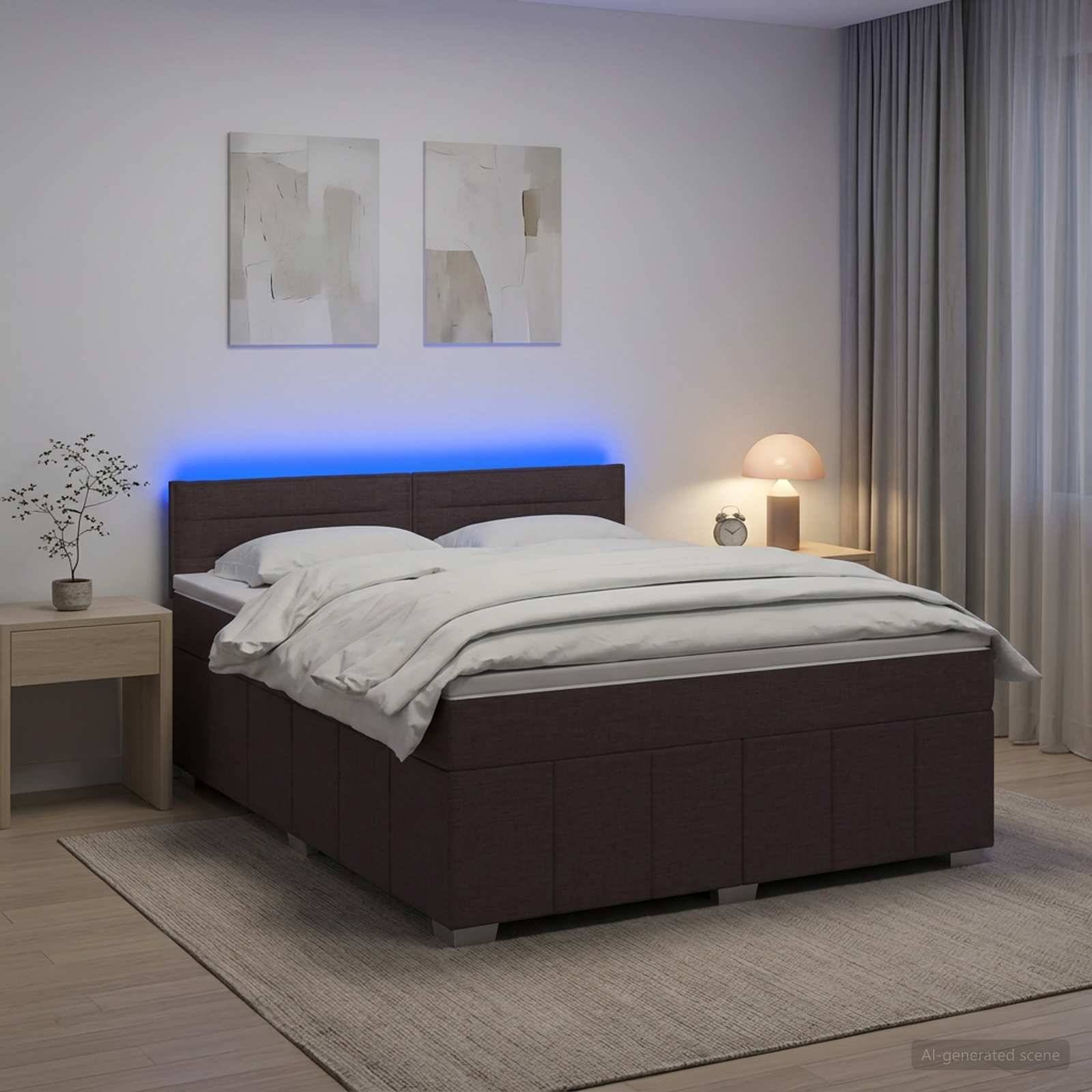 Modernes Schlafzimmer mit dunkel gepolstertem Bett, weißer Bettwäsche, blauer Kopfteilbeleuchtung, Nachttischlampe, Wandkunst und neutralen Vorhängen.
