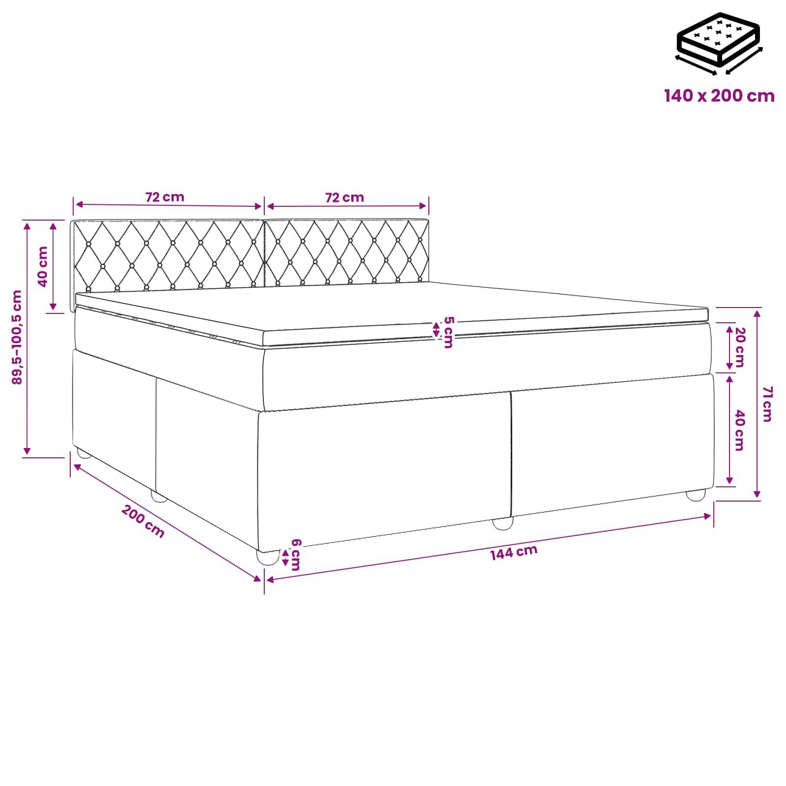Maßstabzeichnung einer 140 x 200 cm Bettkonstruktion mit gepolstertem Kopfteil; zeigt die Gesamtgröße und wichtige Abmessungen in Zentimetern.