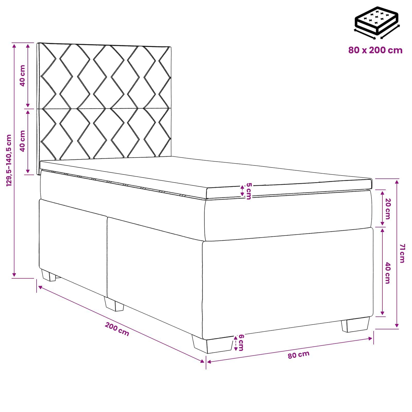 Maßstabszeichnung eines Bettes mit gepolstertem gestepptem Kopfteil und Matratze, beschriftet 200 cm lang, 80 cm breit, 129,5-140,5 cm hoch, mit Komponentenmaßen.