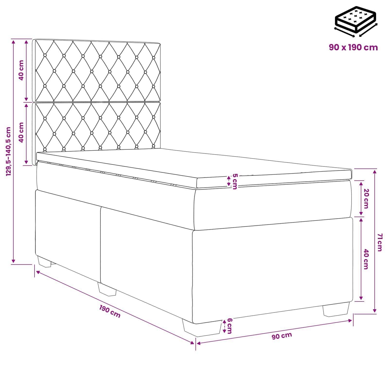 Maßstabszeichnung eines gepolsterten Ottomanbetts mit gestepptem Kopfteil, zeigt eine 190 x 90 cm große Basis und wichtige Maße in Zentimetern.