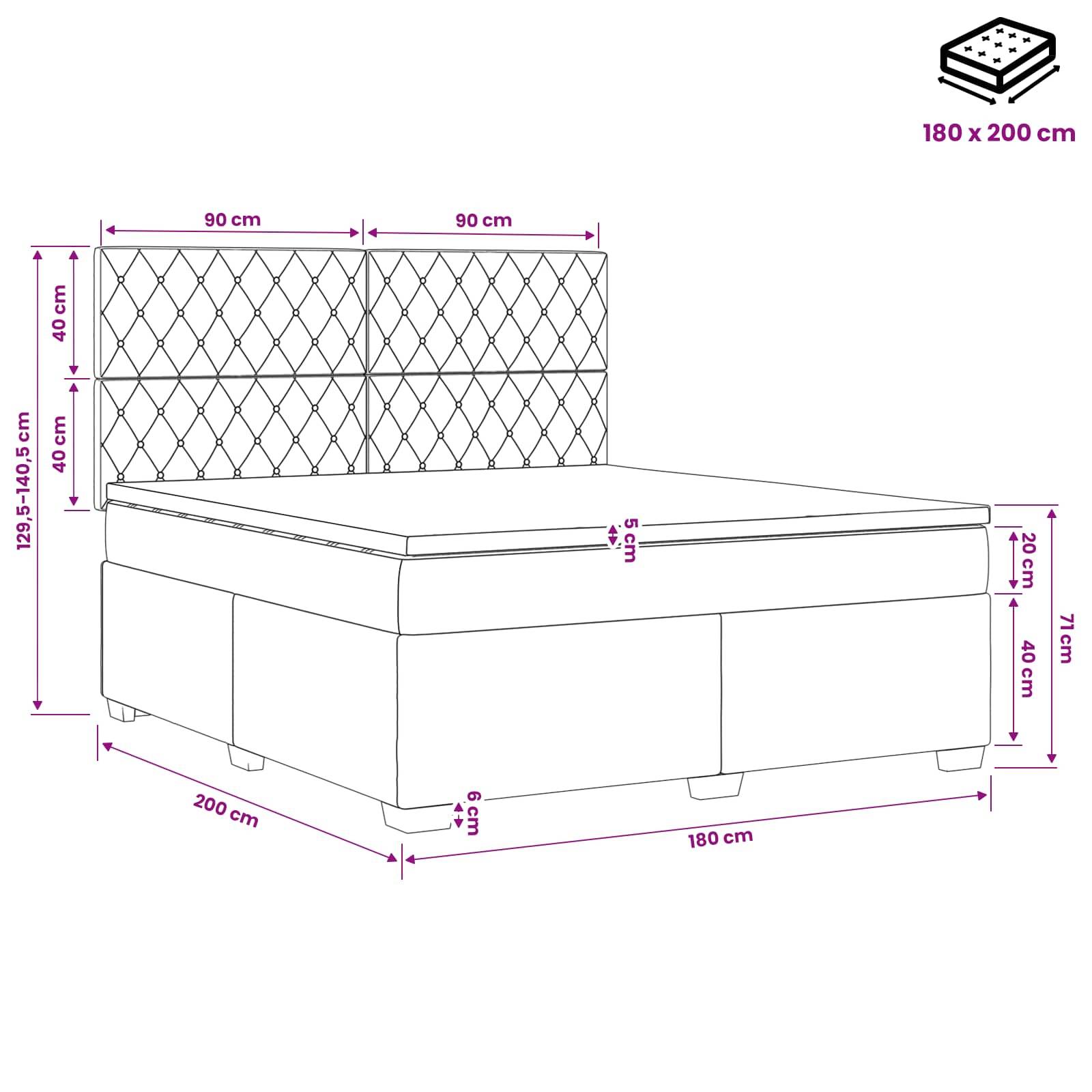 Strichzeichnung eines gepolsterten Speicherbetts mit Abmessungen: 180 x 200 cm Matratzengröße, 200 cm Basislänge, 71 cm Gesamthöhe und 129,5-140,5 cm Kopfteilhöhe.