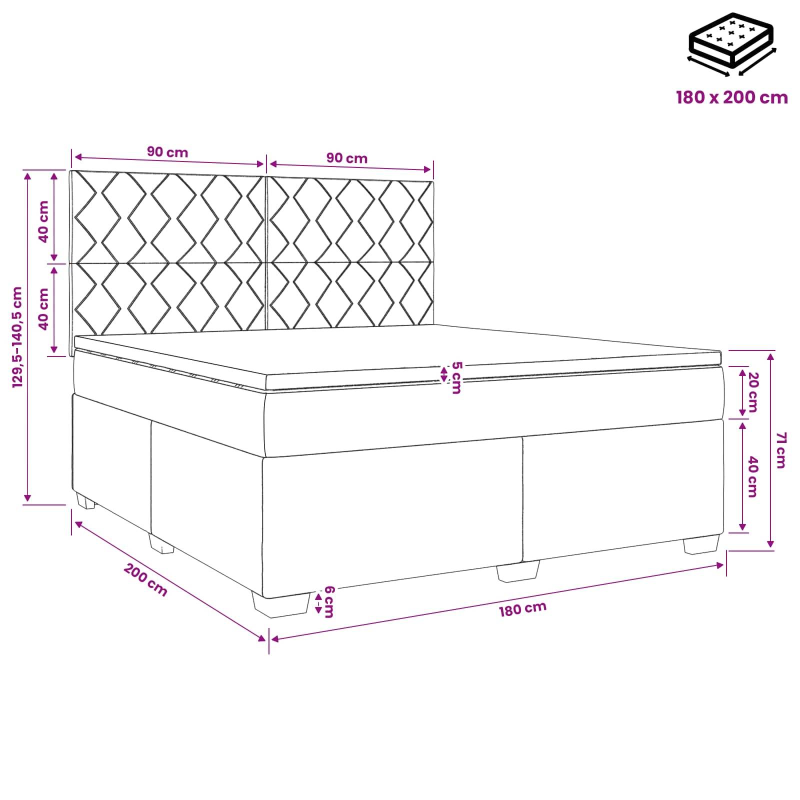 Kommentiertes Bettendiagramm mit Abmessungen für eine Bettunterkonstruktion von 180 x 200 cm mit gepolstertem Kopfteil und gekennzeichneten Höhen-, Breiten- und Tiefenmessungen.