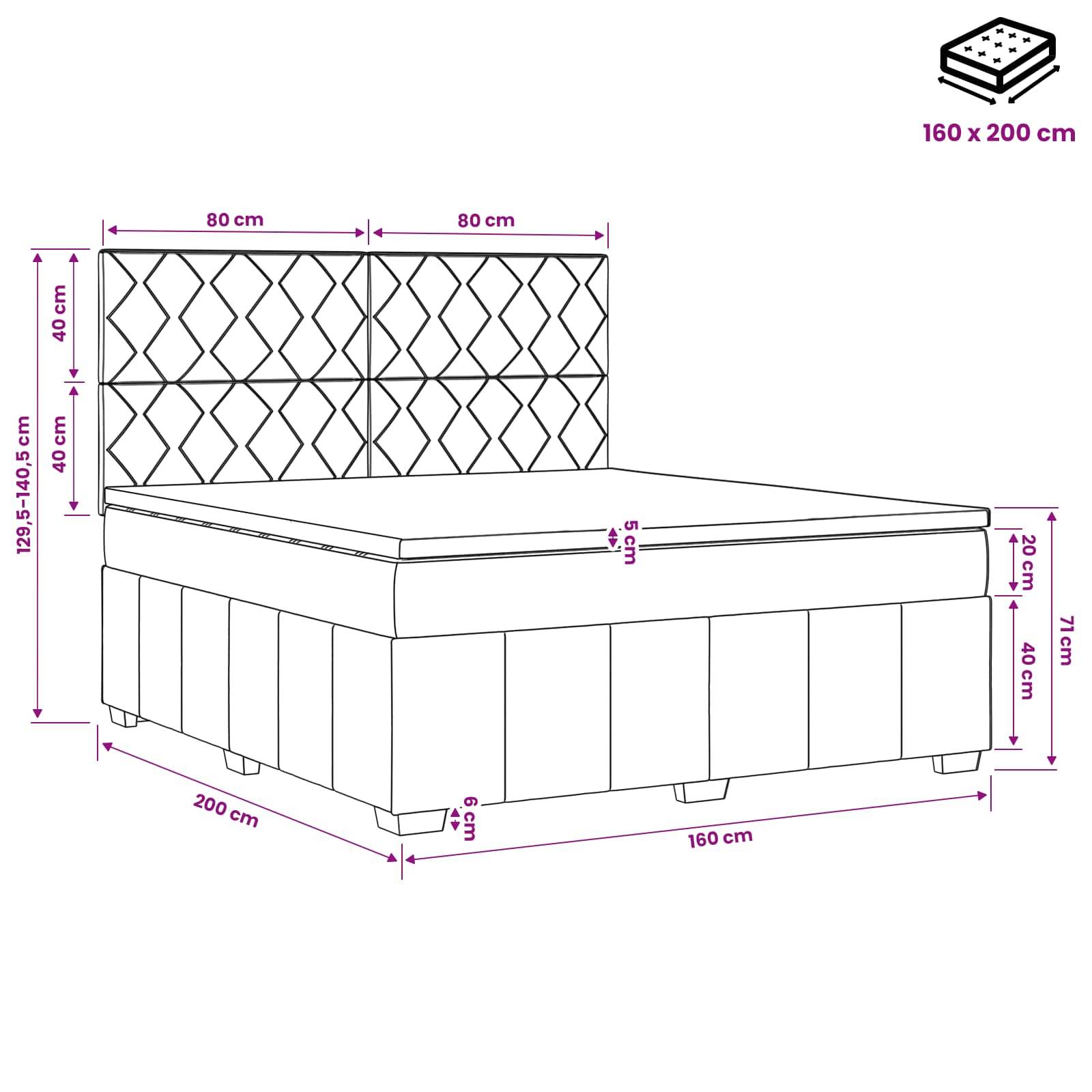 Maßstabgetreue Zeichnung eines Betts mit gepolstertem Kopfteil, die die Matratzengröße 160 x 200 cm und die Gesamtabmessungen des Betts in Zentimetern zeigt.